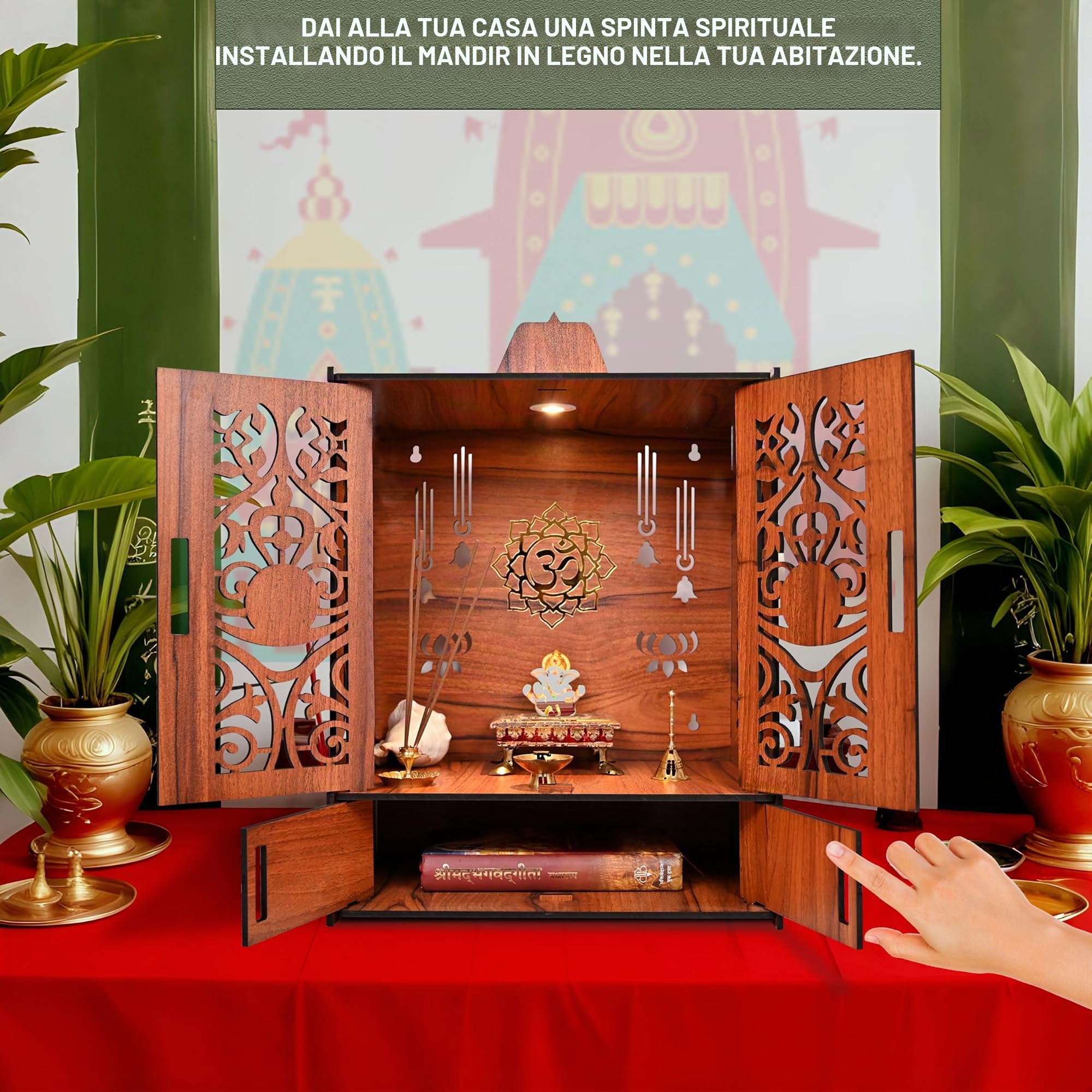 Rousrie Mandir a tempio in legno per la casa con ante | Bella unità Pooja con spazio di archiviazione | con luce LED e supporti a parete | Elegante Pooja Mandir per la casa di grandi dimensioni (H