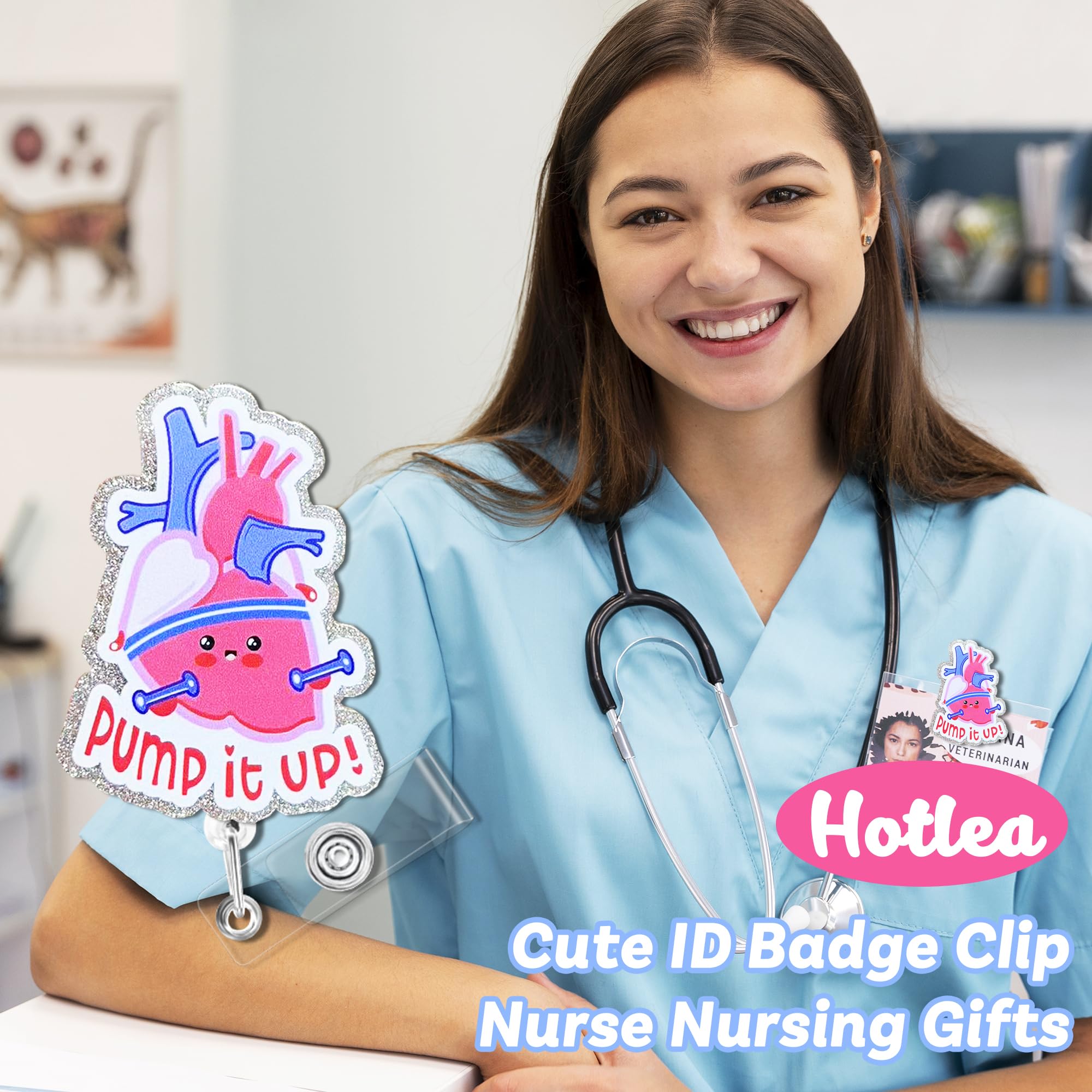 Pump It Up Heart Badge Reel with Aligator Clip Funny ID Badge Holders Cute RN LPN CNA MA PCT Badge Buddy Nursing Medical Students Nurse Accessories for Work