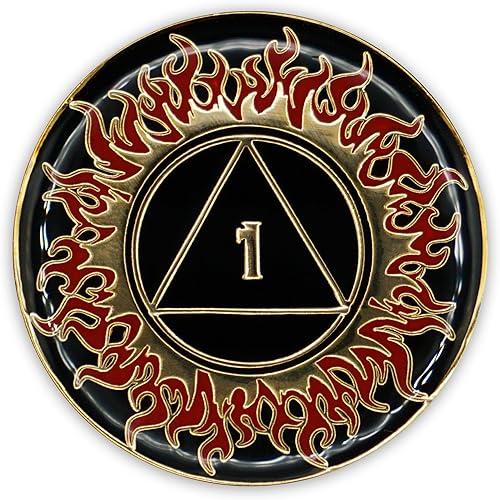 Miniatura 3 de Moneda de sobriedad de 1 año  Flames AA Chip Medallion Recovery Gift Aniversario Token con Alcohólicos Anónimos Afirmación de promesa de décimo paso