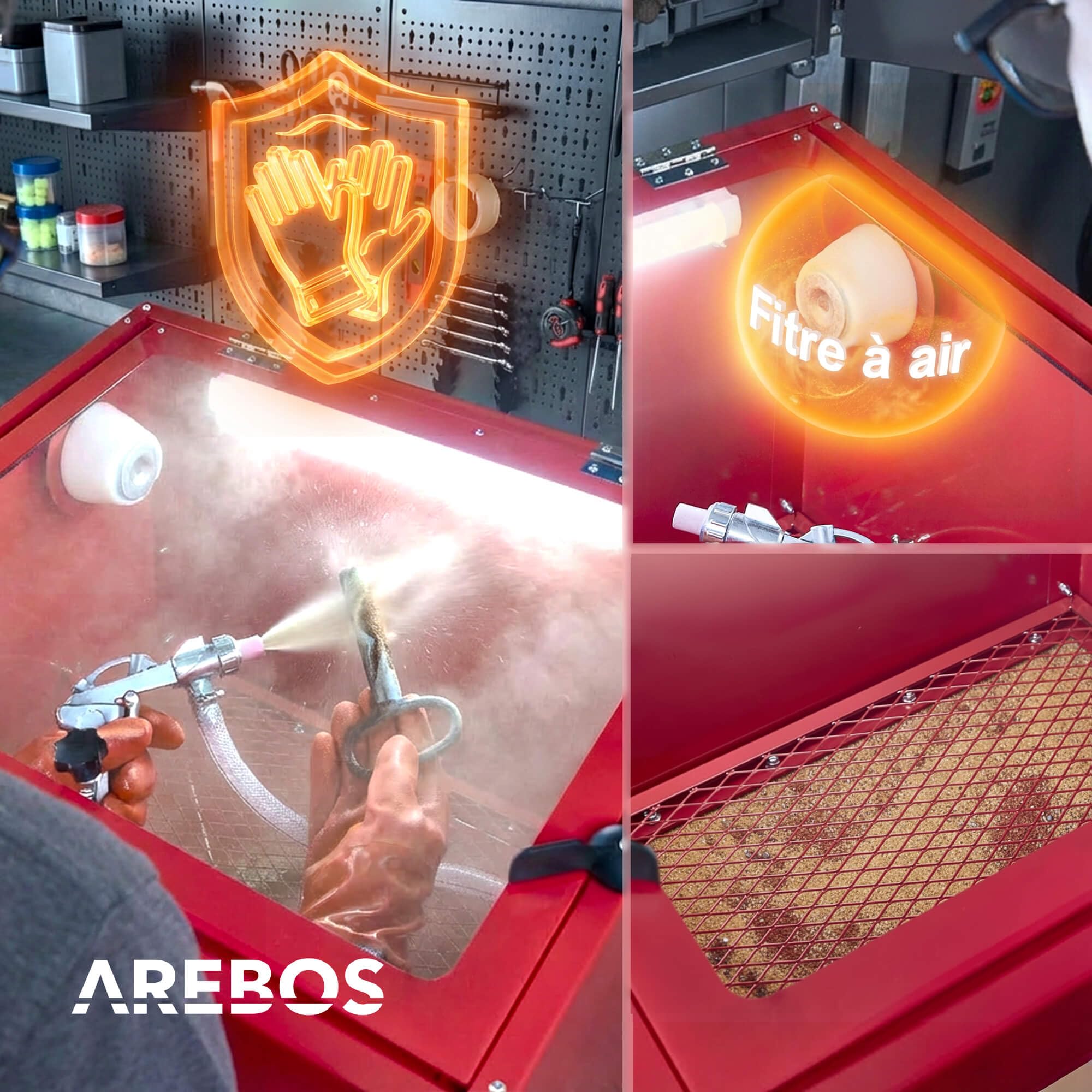 Arebos cabine de sablage 90 litres | y compris pistolet de sablage avec 4 buses en céramique | gants de travail | fenêtre de visualisation + 5 films de rechange