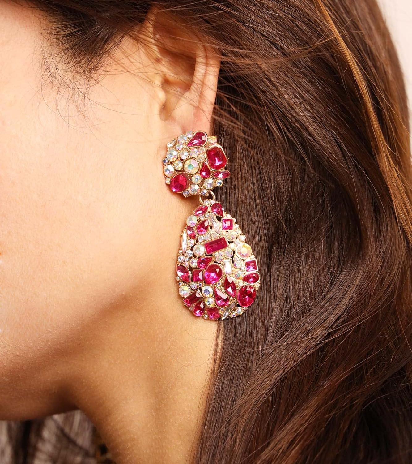 Rhinestone Teardrop Dangle Earrings with Round Studs Statement Drop Earrings Wedding Jewelry - Image 2