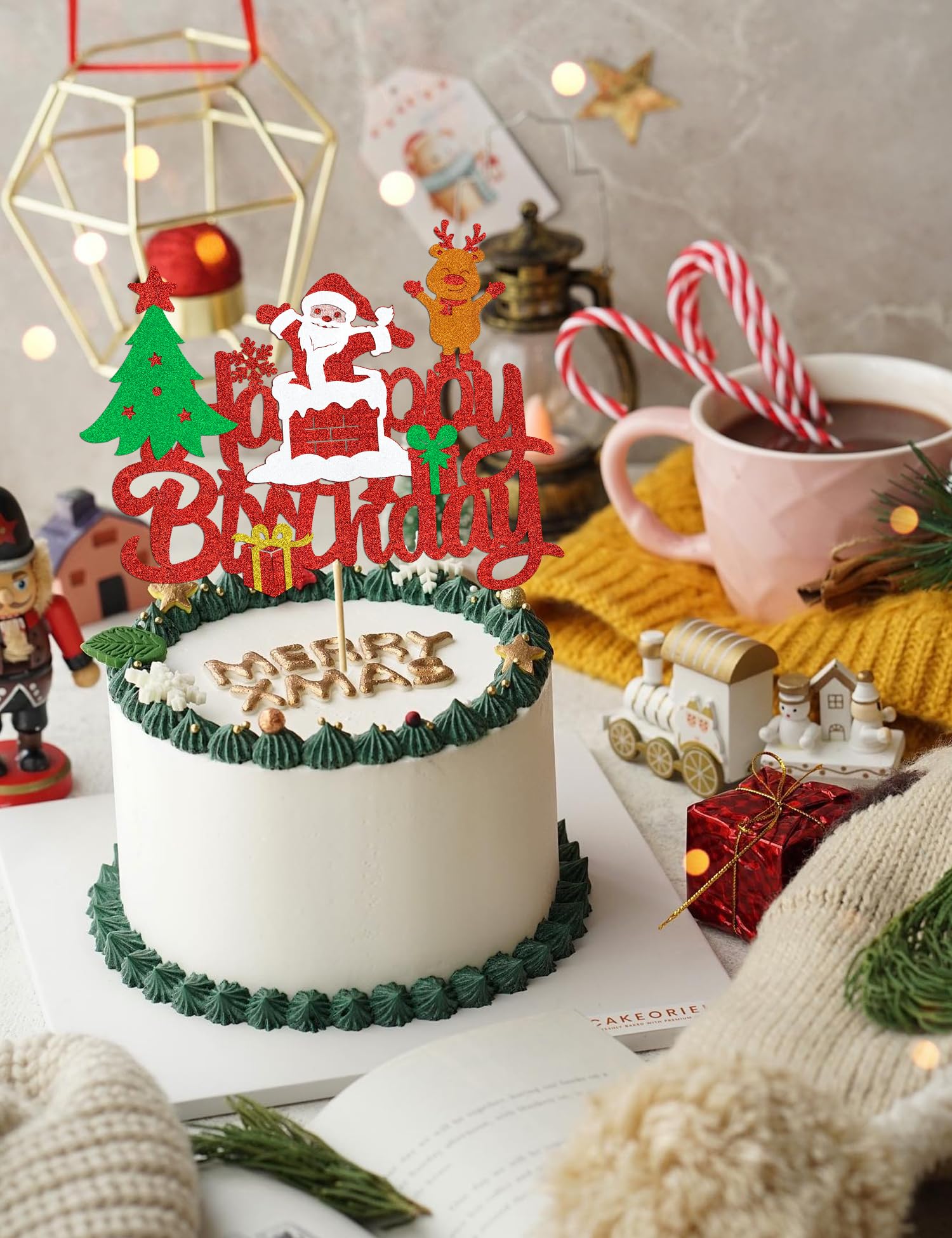 Santa Clause Birthday Cake Topper - Glitter Red Reindeer Winter Christmas Party Decoration Supplies