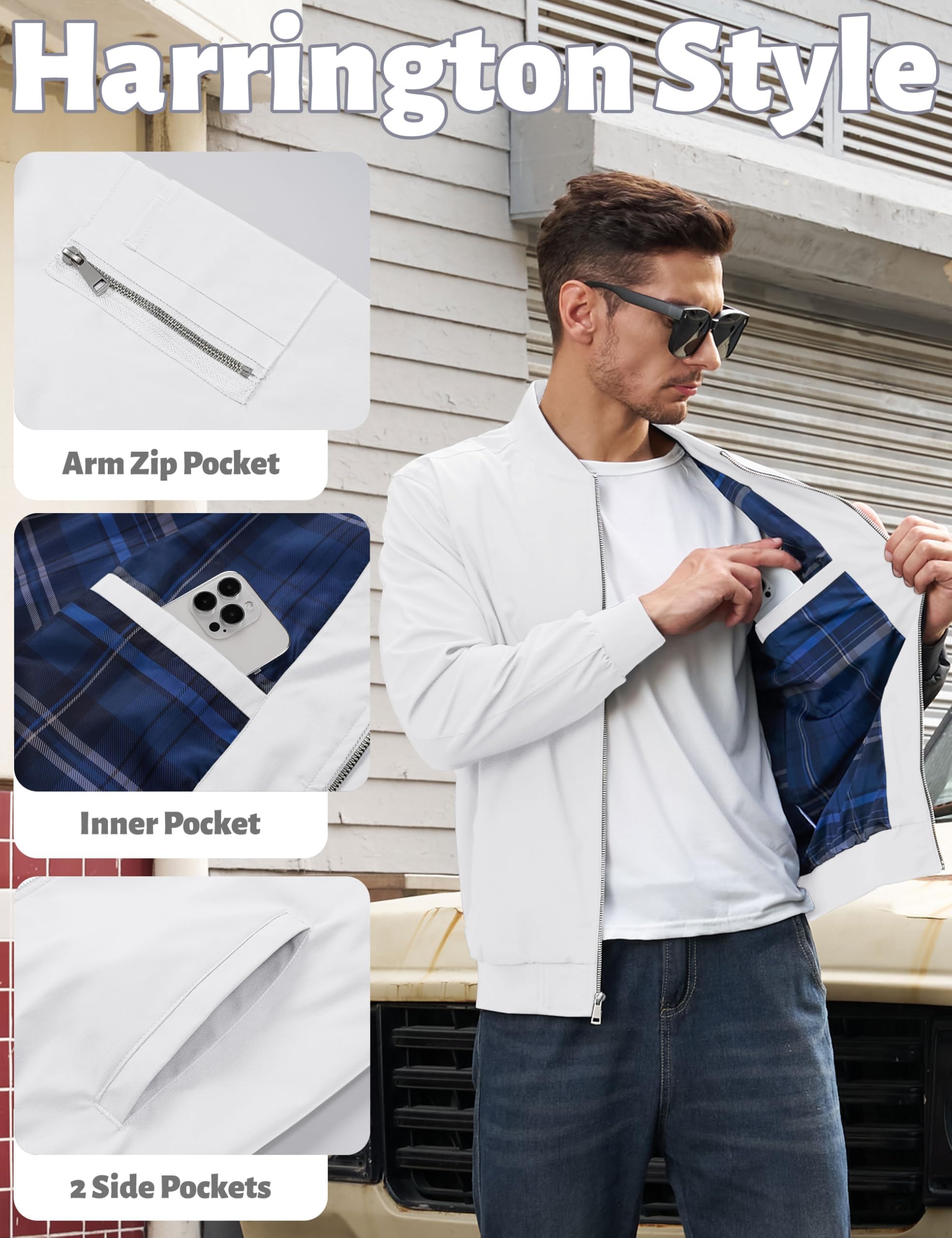 TACVASEN Giacca da uomo leggera bomber con tasca sulle maniche, per autunno e mezza stagione con colletto alto, con tasca interna