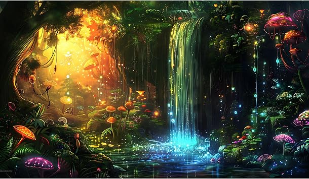 Fantasy Forest Aquarium Background Magic Waterfall Enchanted Forest Fish Tank Background Waterfall Stream Vibrant Flora Reptile Tank Backgrounds Sunray Mushroom Oasis Terrarium Backgrounds 24x16in