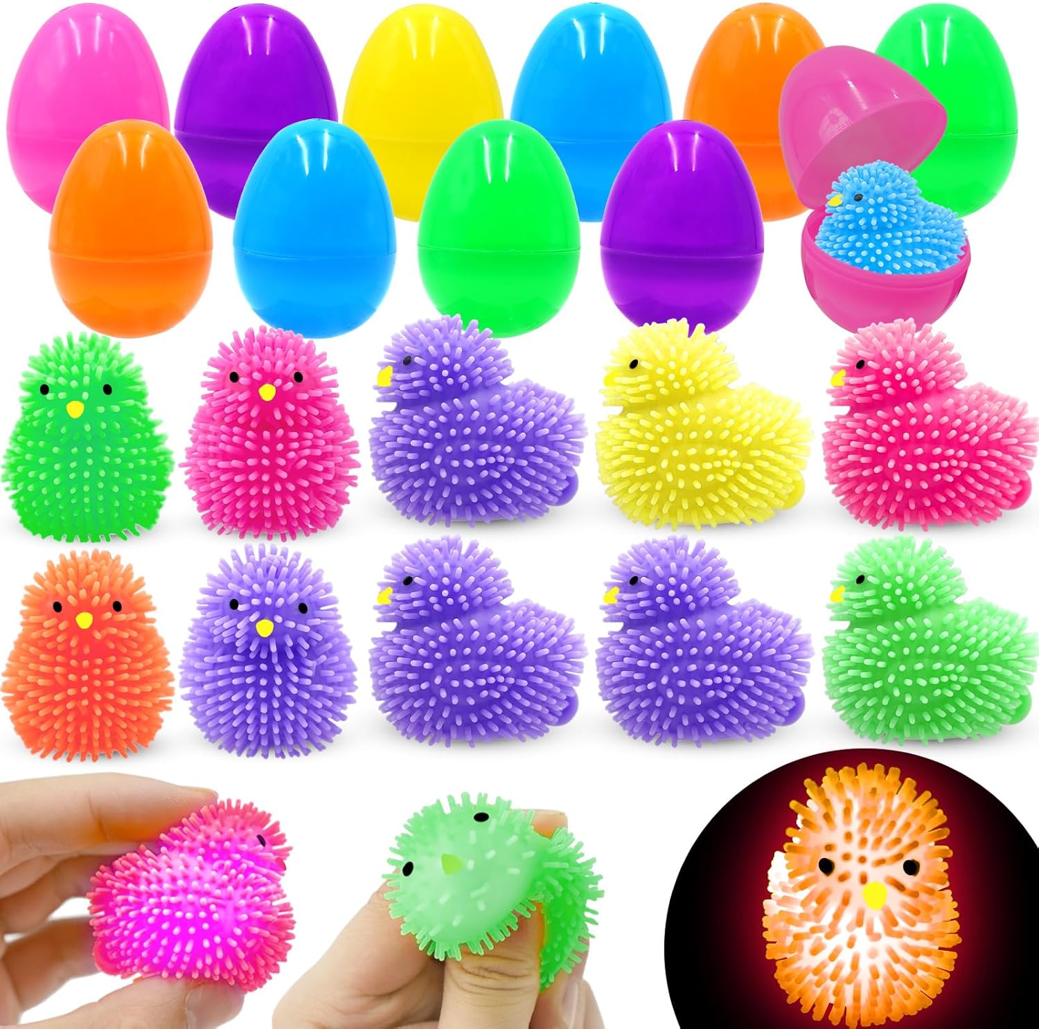 12 Pack Flashing LED Chick Puffer Balls Easter Egg Fillers, Light Up Spiky Toys Bulk for Kids Boys Girls, Glow in The Dark Party Favors Classroom Prizes Easter Basket Stuffers