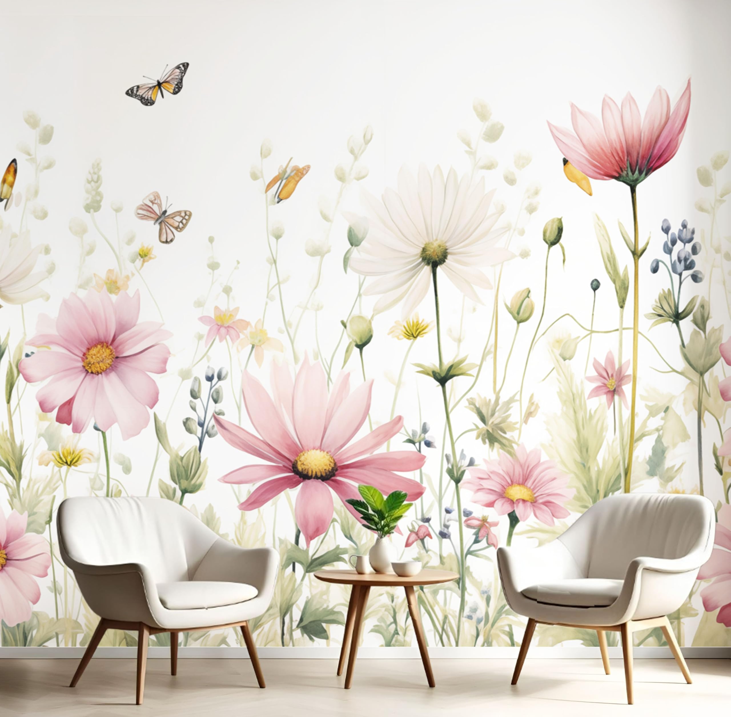Papier peint marguerite salon et bureau décor aquarelle beige 250x175