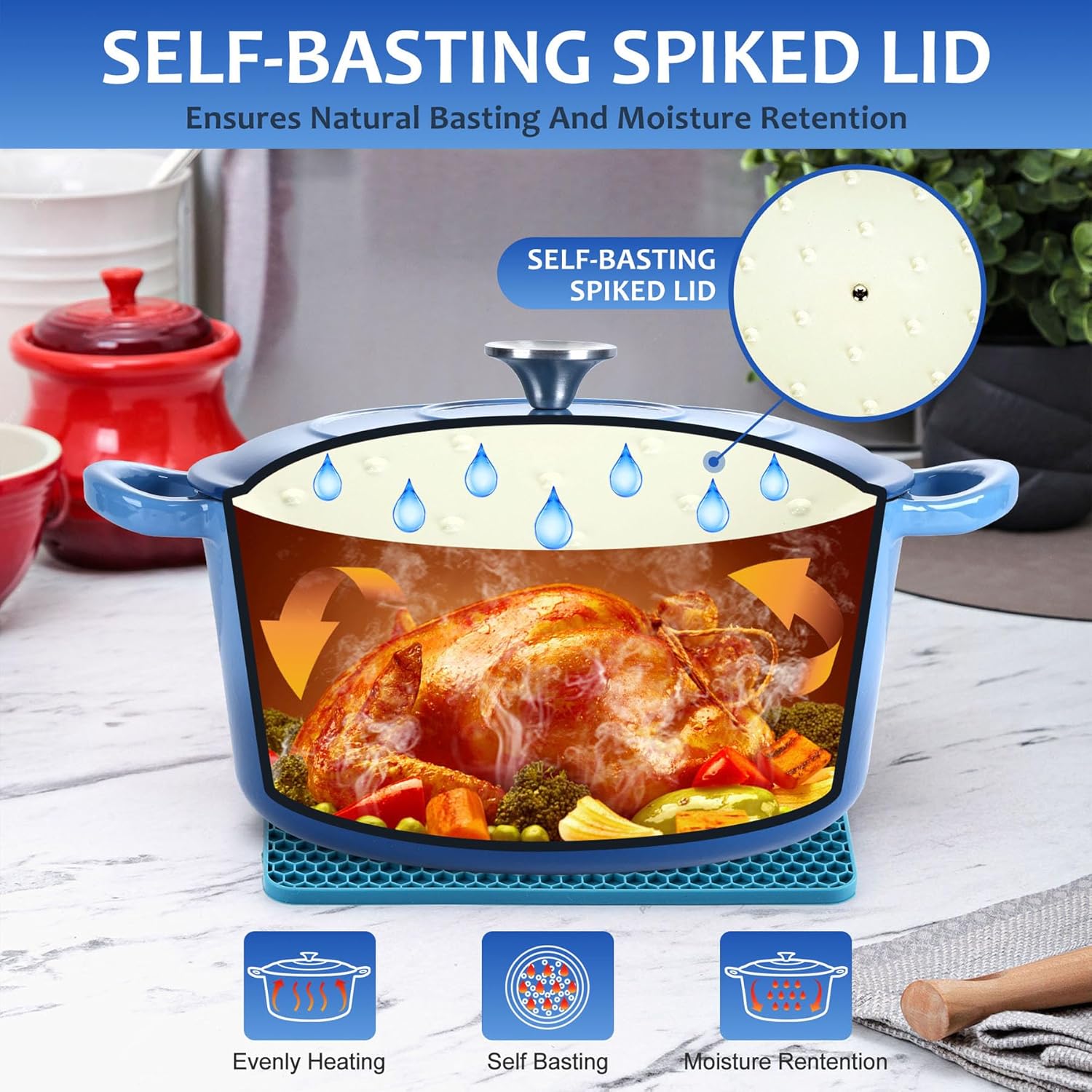 LIANYU 6 QT Enameled Cast Iron Dutch Oven with Lid & Silicone Trivet Mat, Round Oven Pot for Sourdough Bread Baking, Heavy-Duty Cookware Pot for Cooking, Dual Handles, Oven Safe up to 500°F, Blue