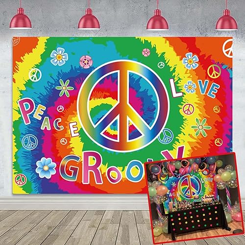 Miniatura 1 de Telón de fondo de cumpleaños de teñido anudado, 8 x 6 pies, tema hippie de los años 60, fondo de fotografía de feliz cumpleaños, decoración de