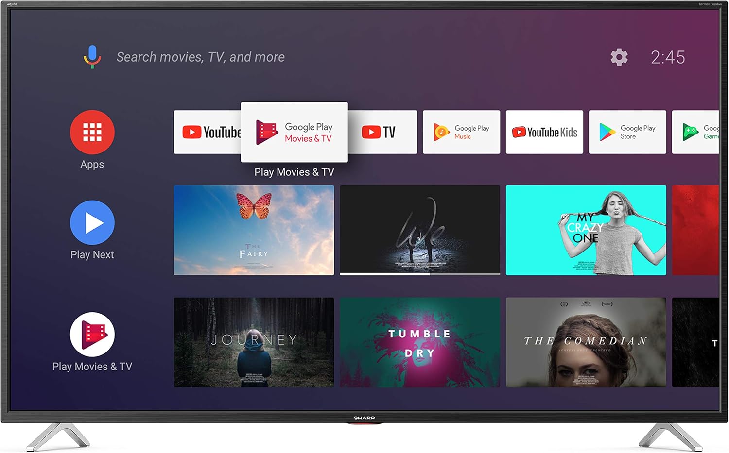 Przód view of the Sharp 50BL5EA TV displaying the Android TV home screen