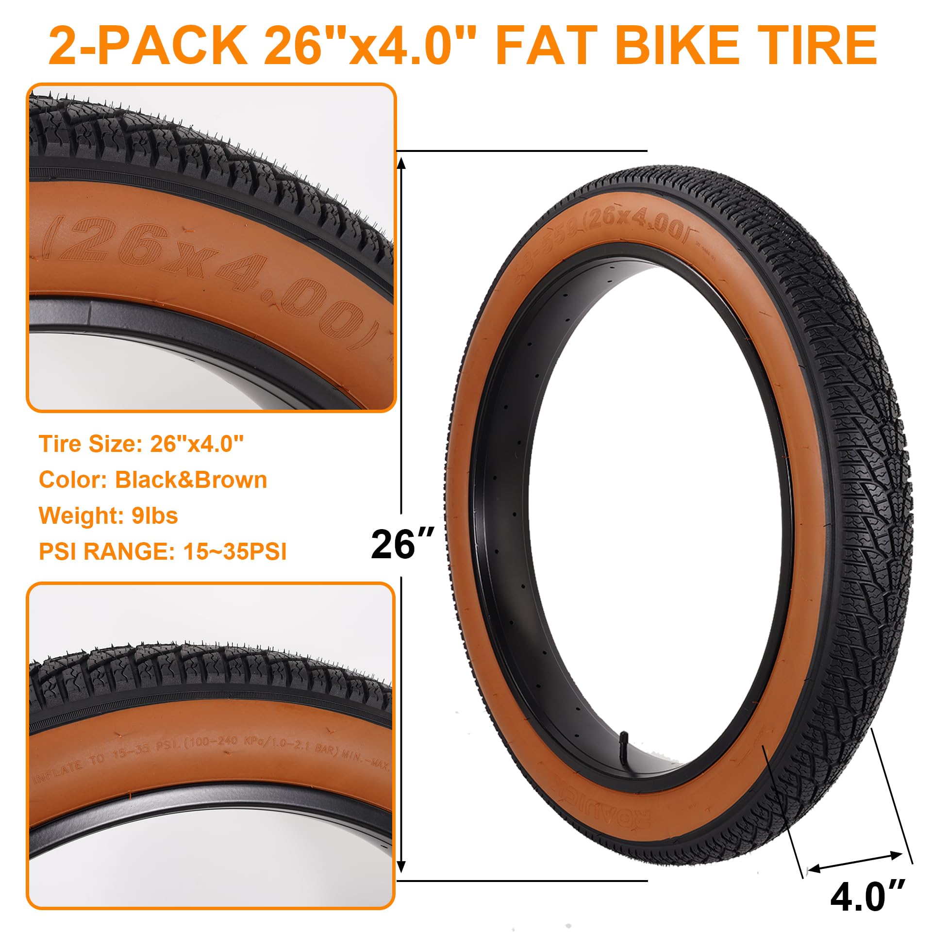 Lot de 2 Pneus de Vélo Fat Bike 26x4.0, Ensemble de Pneus et Chambres à Air pour VTT 26 Pouces, de Vélo Repliables de Remplacement avec Démonte pour Vélos