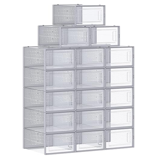 SONGMICS 18 x Stackable Shoe Boxes Foldable Versatile Shoe Boxes for Shoes up to Size 45 - Transparent and Grey - LSP006G18