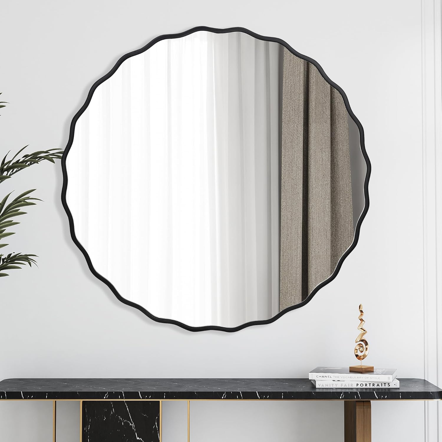 Black Round Mirror,Bathroom 30 Inch Vanity Flower Wall Mirror,Modern Circle Floral Mirror for Wall,Wood Mirror for Bedroom Living Room Entryway
