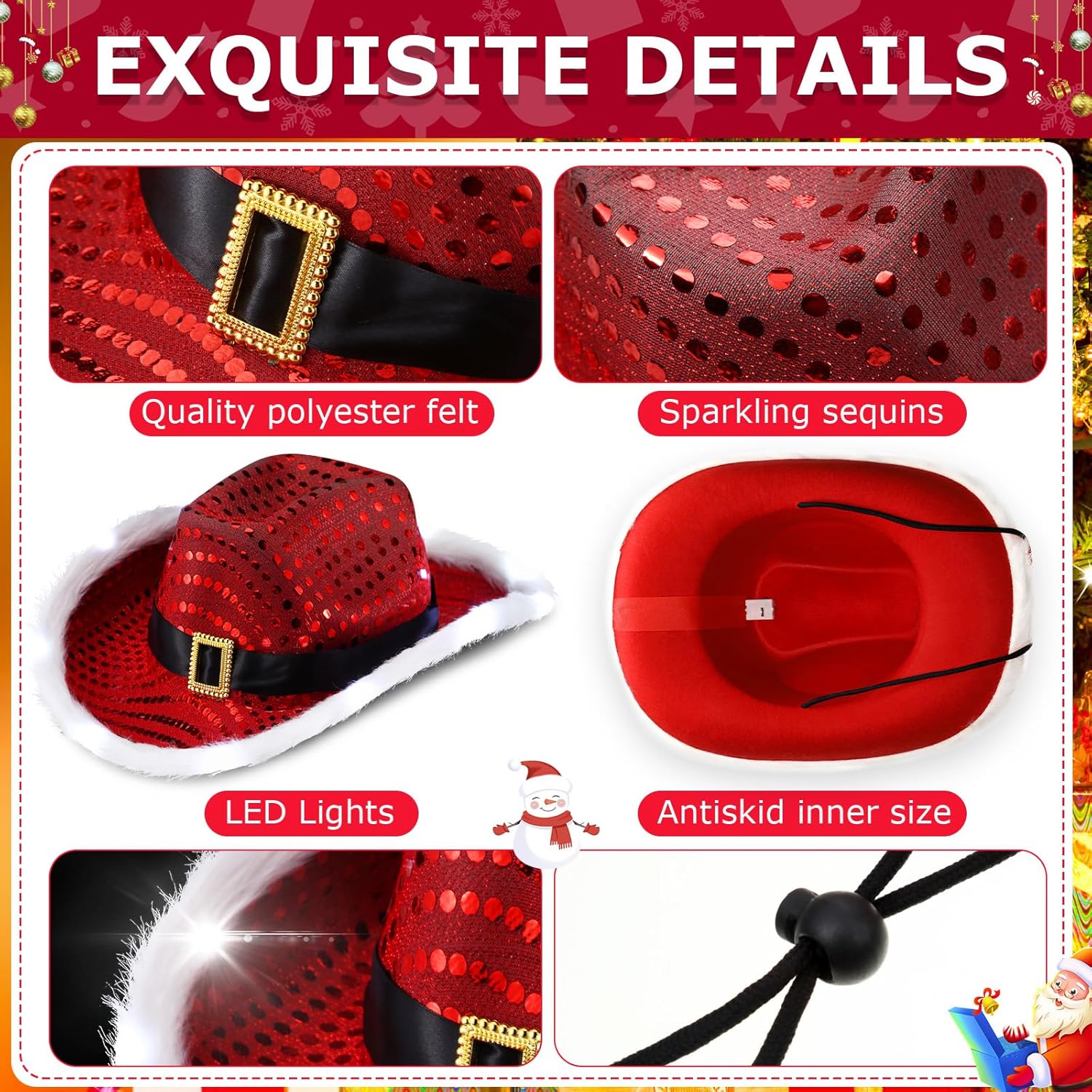 Chuarry 6 Pieces Light Up Santa Claus Cowboy Hats Set, LED Christmas Cowgirl Hat, Red and White Cowboy Hats - Image 3