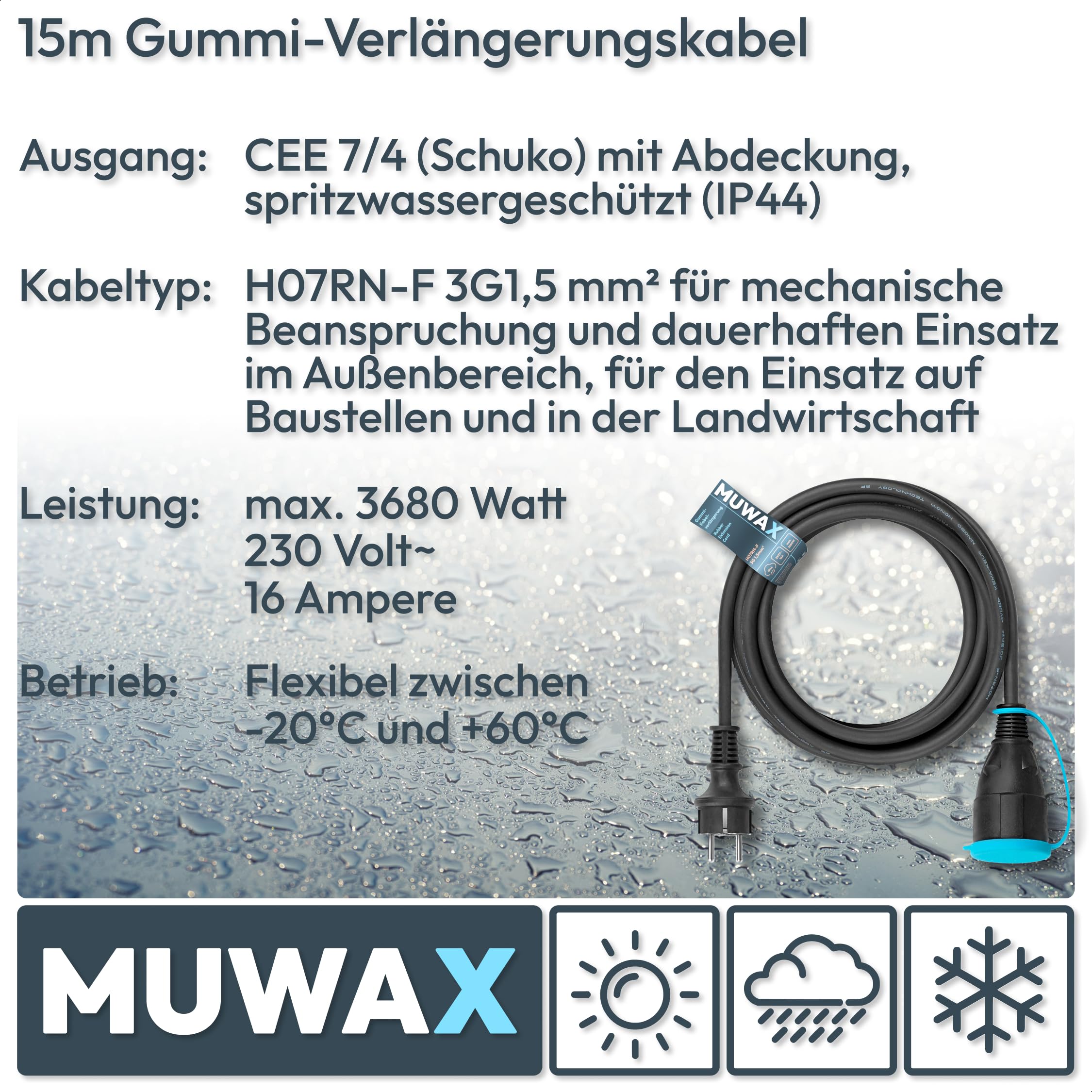 15m Gummi-Verlängerungskabel H07RN-F 3G1,5mm² für Garten, Baustelle, Werkstatt, Industrie, dauerhaften Einsatz im Außenbereich und Starke mechanische Beanspruchung, IP44, schwarz