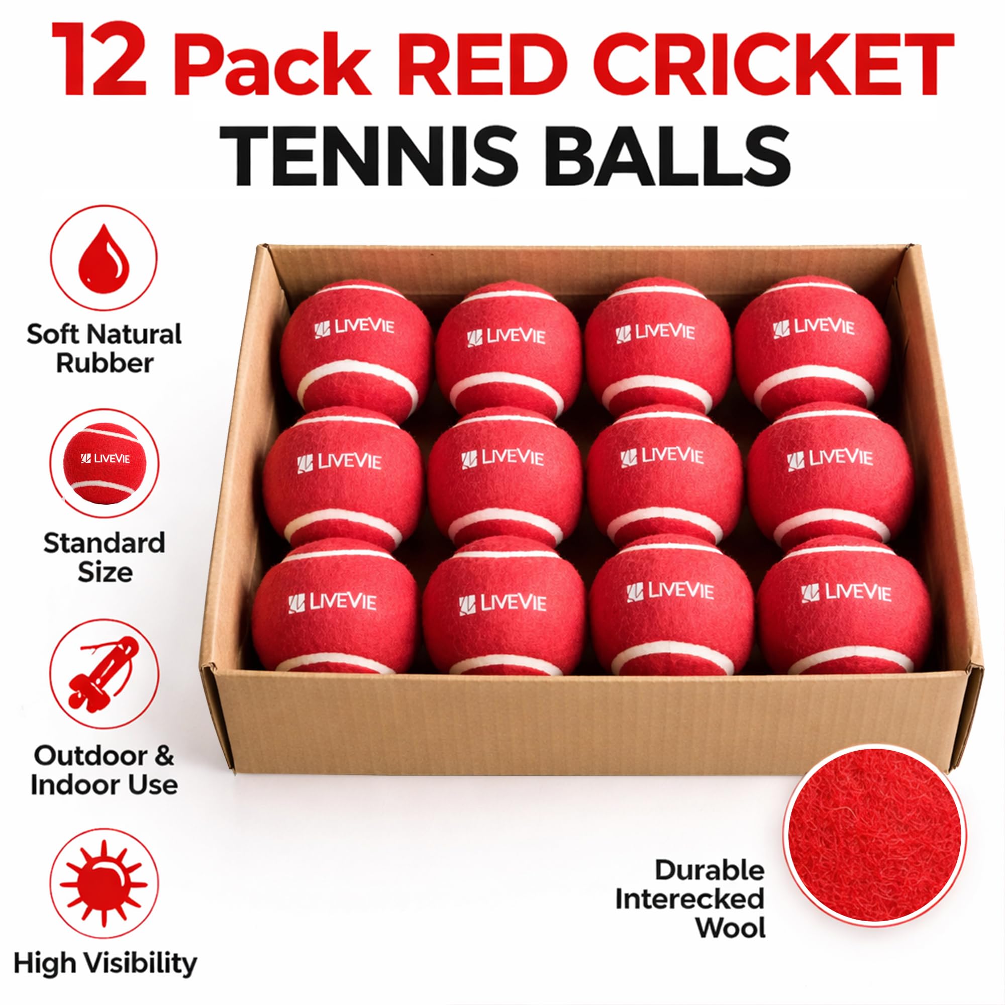 LIVEVIE Professionelle Cricket-Tennisbälle – gut sichtbare Trainingsbälle in fluoreszierendem Grün und klassischem Matchrot – strapazierfähige Gummi- und Wollfaser – Standard 6,3 cm – 6 & 12 Stück