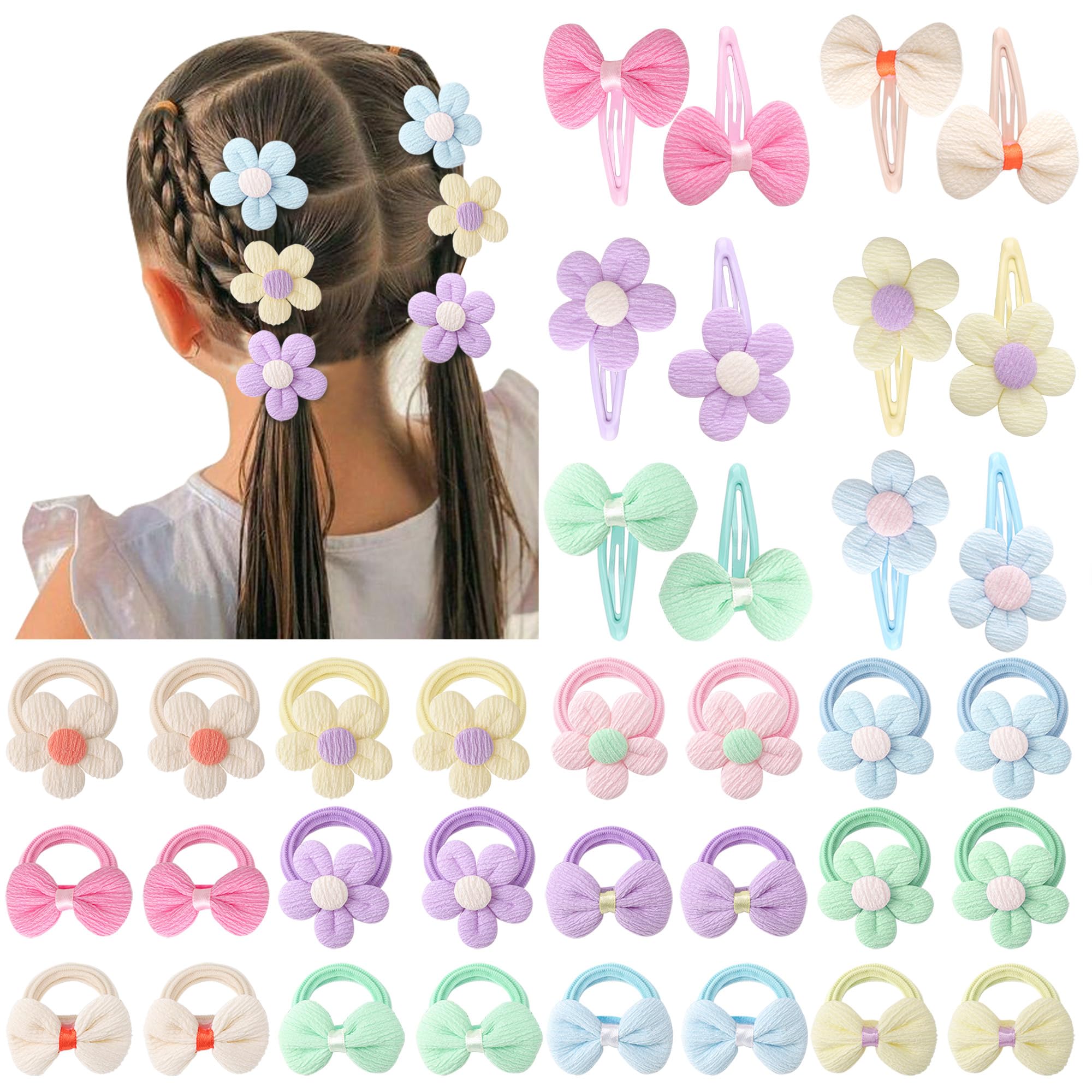 DRESHOW Toddler Hair Accessories Candy Colors Soft Seamless Bows and Flowers Toddlers Cute Hair Clips Elastic Ponytail Holder Hair Ties for Little Girls Infants Kids