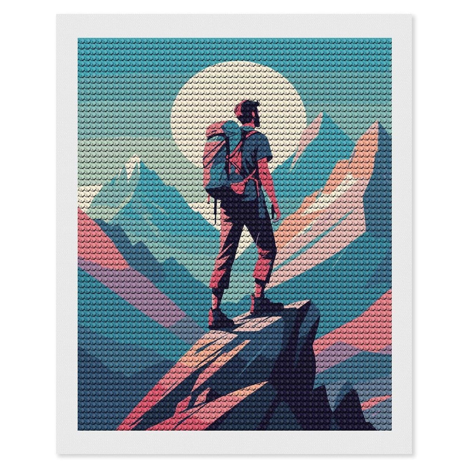 Junmoney Hiker on Mountain Peak Illustration Diamond Painting Canvas Set 16"x20", Full Kit Included, Calming Craft to Unwind, Farmhouse Decor, Christmas Gift