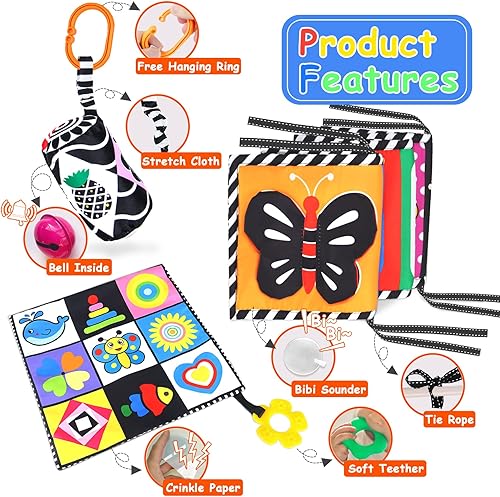 Miniatura 5 de 3 juguetes para bebés de alto contraste en blanco y negro de 0 a 6 meses para recién nacidos juguetes sensoriales para bebés de 0 3 4 6 9 12 meses