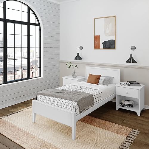 Miniatura 8 de Plank+Beam Base de cama individual de madera maciza con cabecera de panel, cama moderna de plataforma individual con soporte de listones de madera,