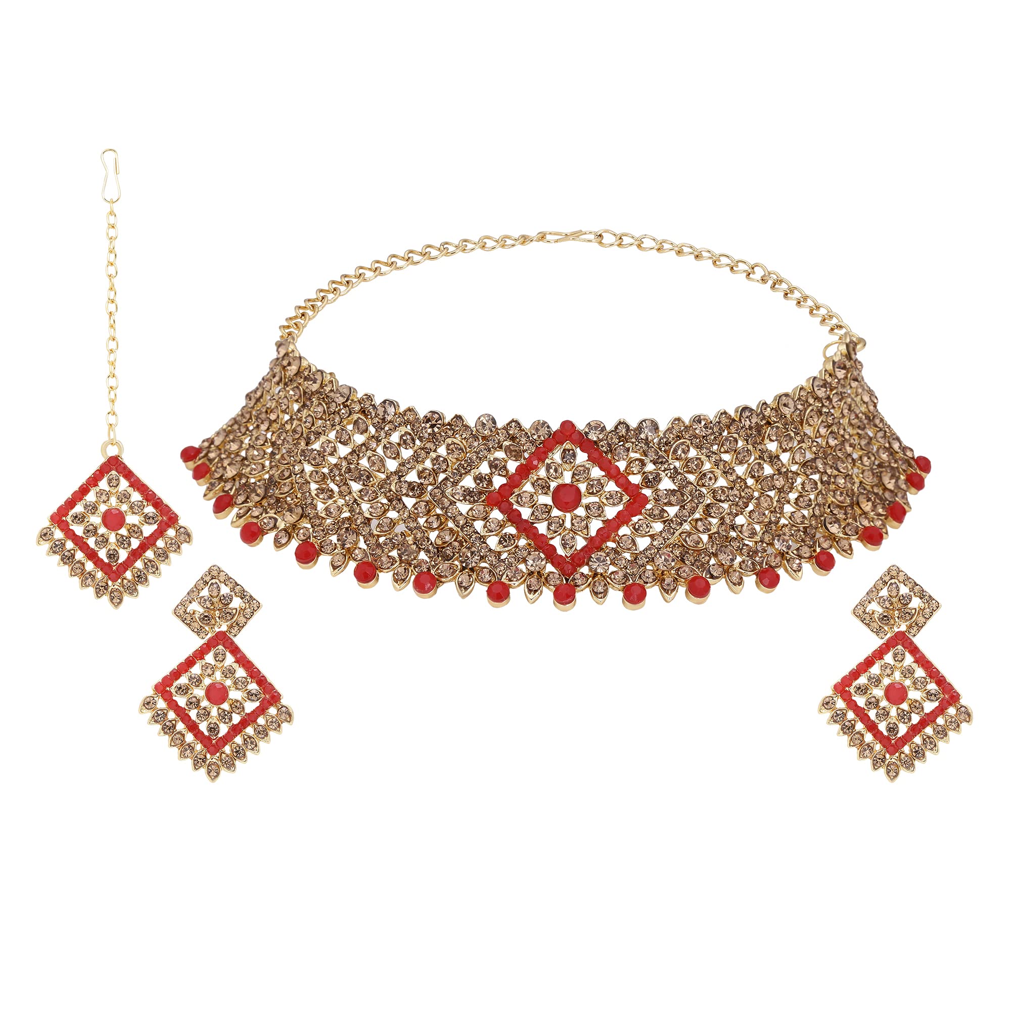 PARNA Exquisite Red Diamond Stone Wedding Collection: Gold Plated Choker Necklace Set with Earrings and Maang Tikka Jewelry Set for Women and Girls