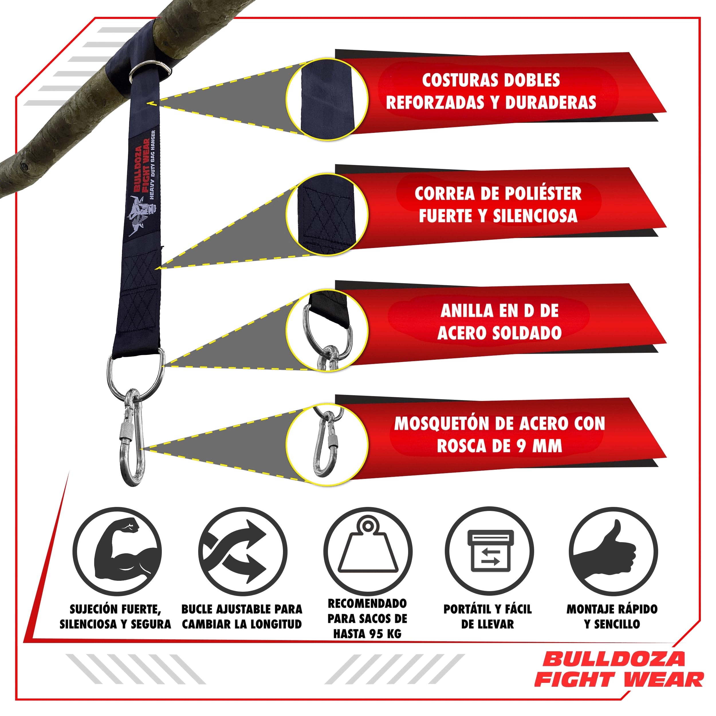 Bull Doza Soporte para Saco de Boxeo 152cm Correa Silenciosa Antideslizante