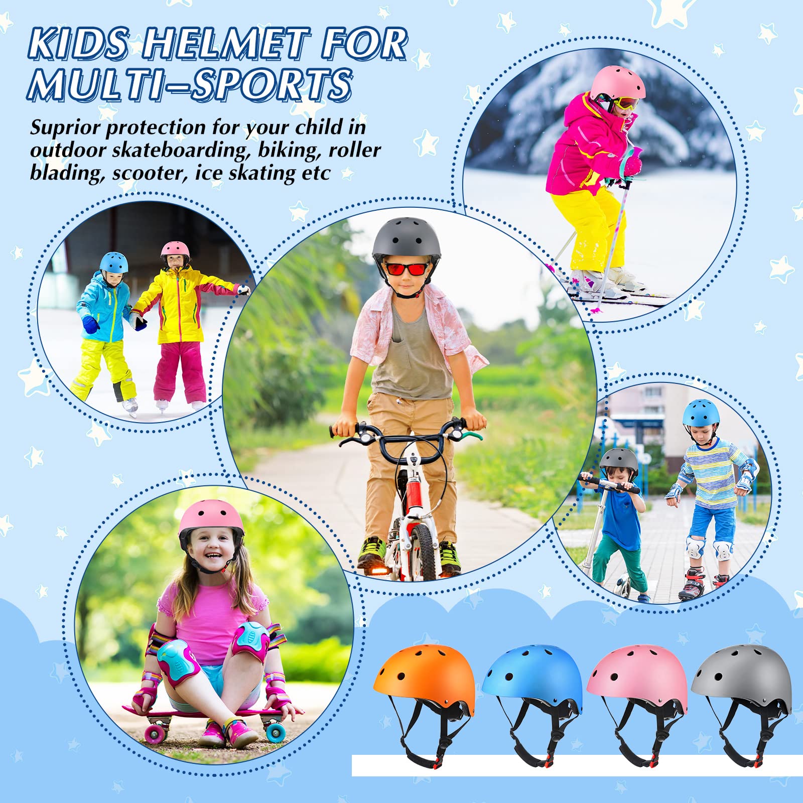 Paquete de 4 cascos ajustables para niños de 3 a 8 años de edad, con certificación CPSC, para niños y niñas, monopatín, bicicleta, scooter, ciclismo, equitación, deportes (colorido) 6