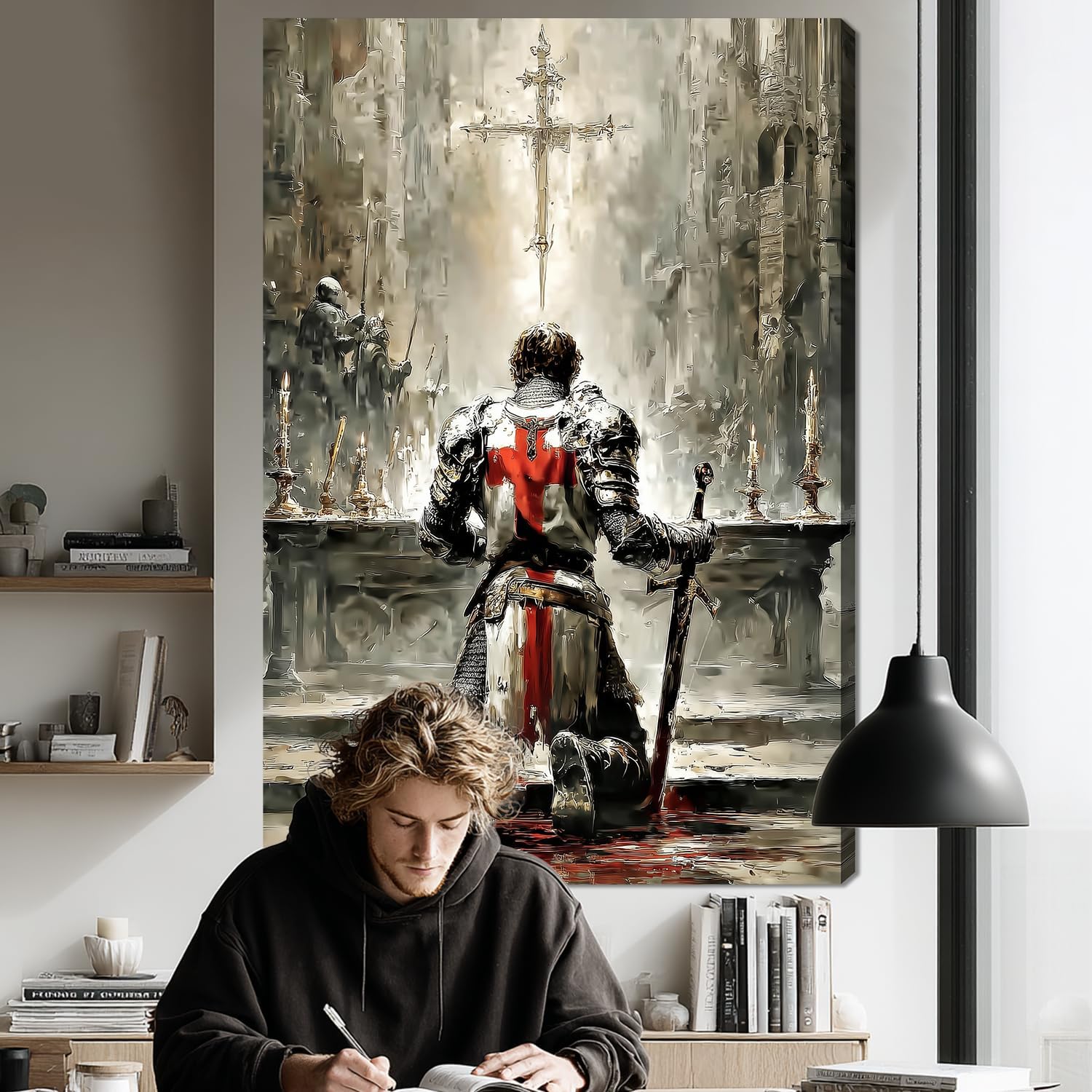 XRZ Medieval Knight Wall Art 32x48 – Extra Large Gothic Warrior Canvas – Oversized Fantasy Wall Decor for Men – Big Man Cave Living Room Artwork
