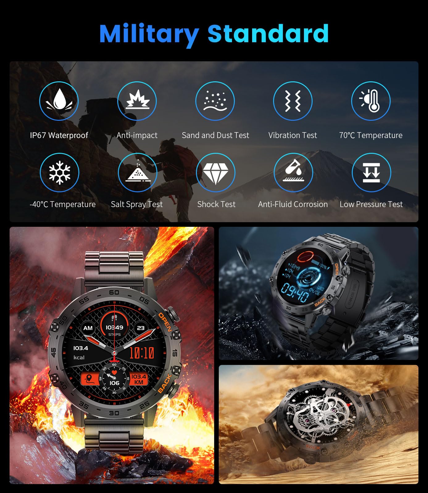 LIGE Wojskowy smartwatch dla mężczyzn (2 paski), wytrzymały smartwatch HD AMOLED 3.6 cm (odpowiedź/nawiązywanie połączeń) do systemu Android iOS, zegarek fitness, czarny zegarek sportowy z 120 trybami