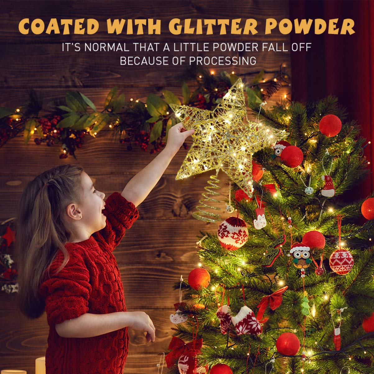 1 puntale per albero di Natale, ornamento a forma di stella, scintillante, dorato, regalo per festival, illuminato, decorazione trasparente