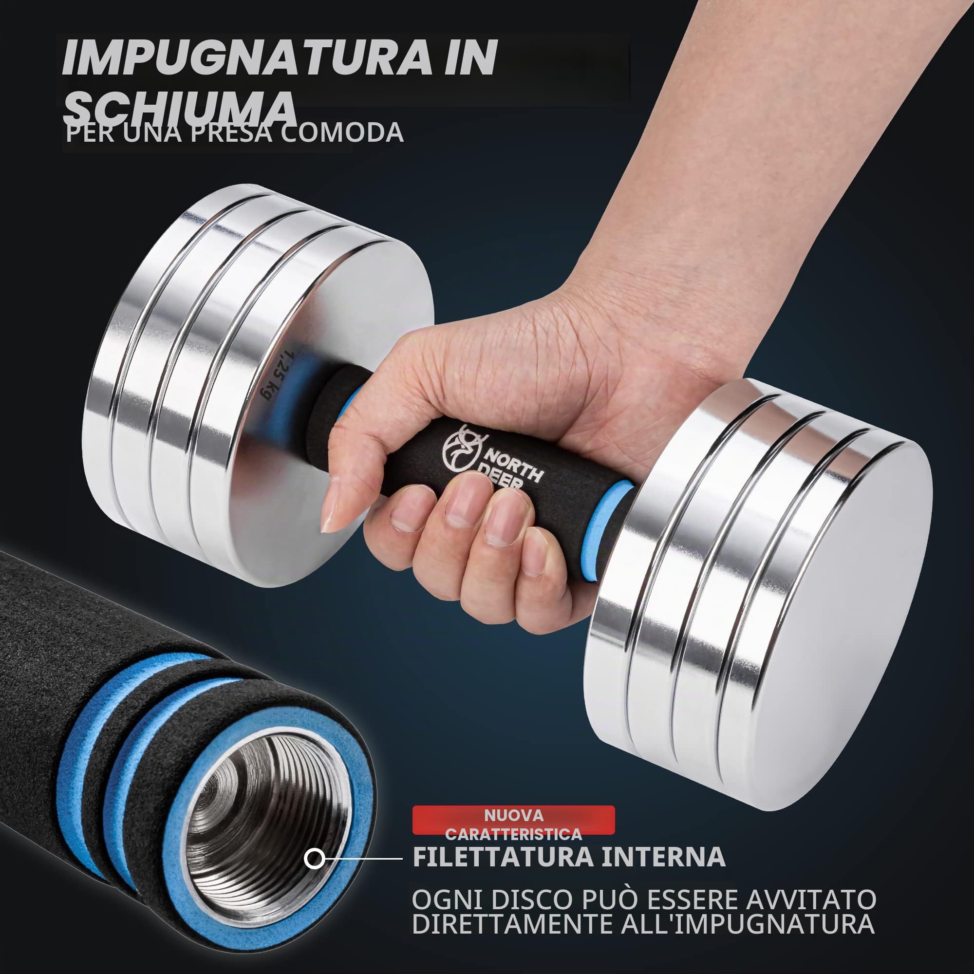 Northdeer Set di manubri corti regolabili 2 in 1, in acciaio, 10 kg, set da 2 pezzi, pesi ultra compatti, 2,5 kg, 3 kg, 5 kg, 5,5 kg, 7,5 kg, 8 kg, 10 kg, con barra di collegamento, per fitness