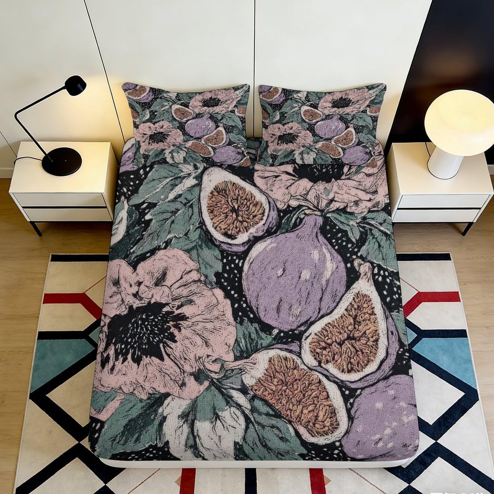 Pnayamiorkfel Style-2 3D Printed Fig Floral Fitted Sheet Microfiber Soft Durable Abstract Botanical Bed Cover For Bedroom Guest Room Decor 90X200x25cm