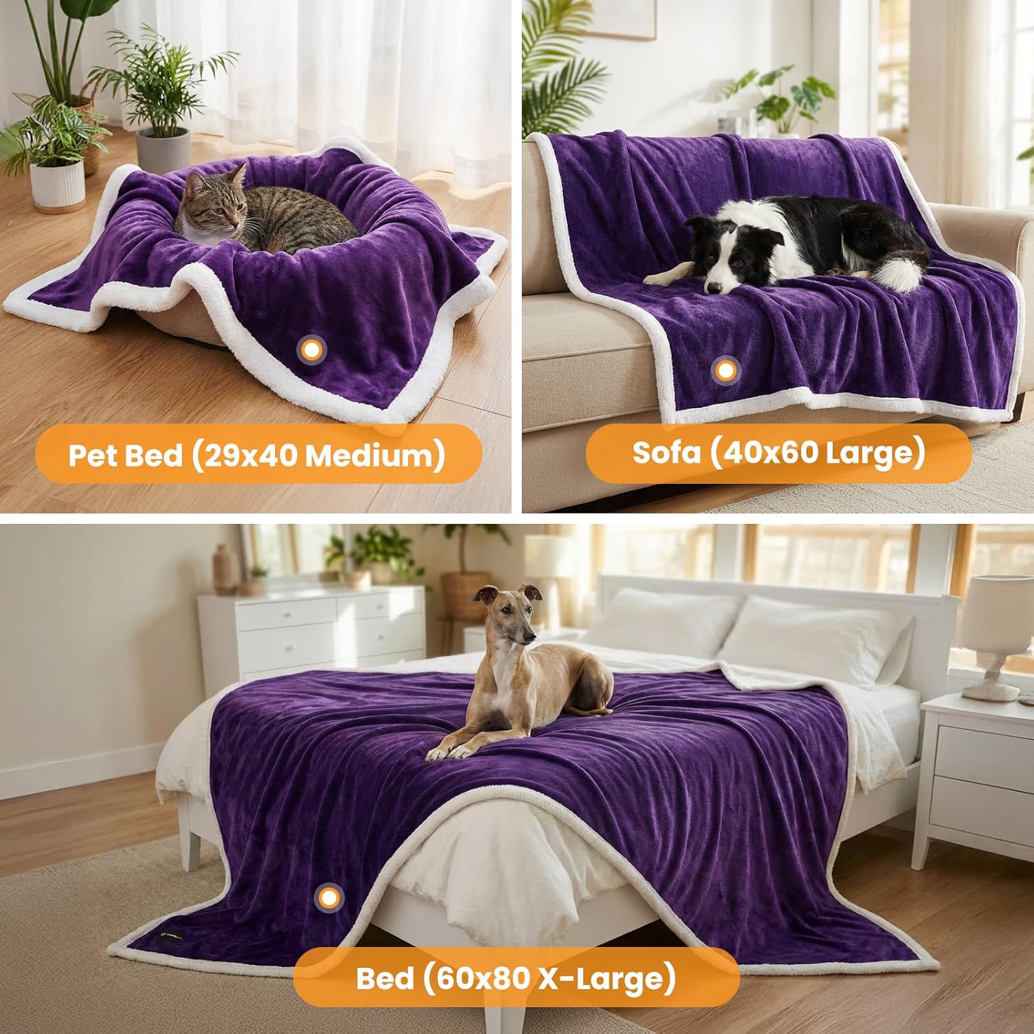 Waterproof Dog Blanket for Couch Bed – Double-Sided Washable Cat Puppy Blanket, Pet Throw Soft, Warm, Durable, Protective Furniture Cover, Purple White XL(80×60)"