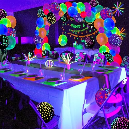 Miniatura 7 de Paquete de 109 globos de neón UV que brillan en la oscuridad, globos de látex reactivos de lunares, luces negras, globos de estrellas fluorescentes