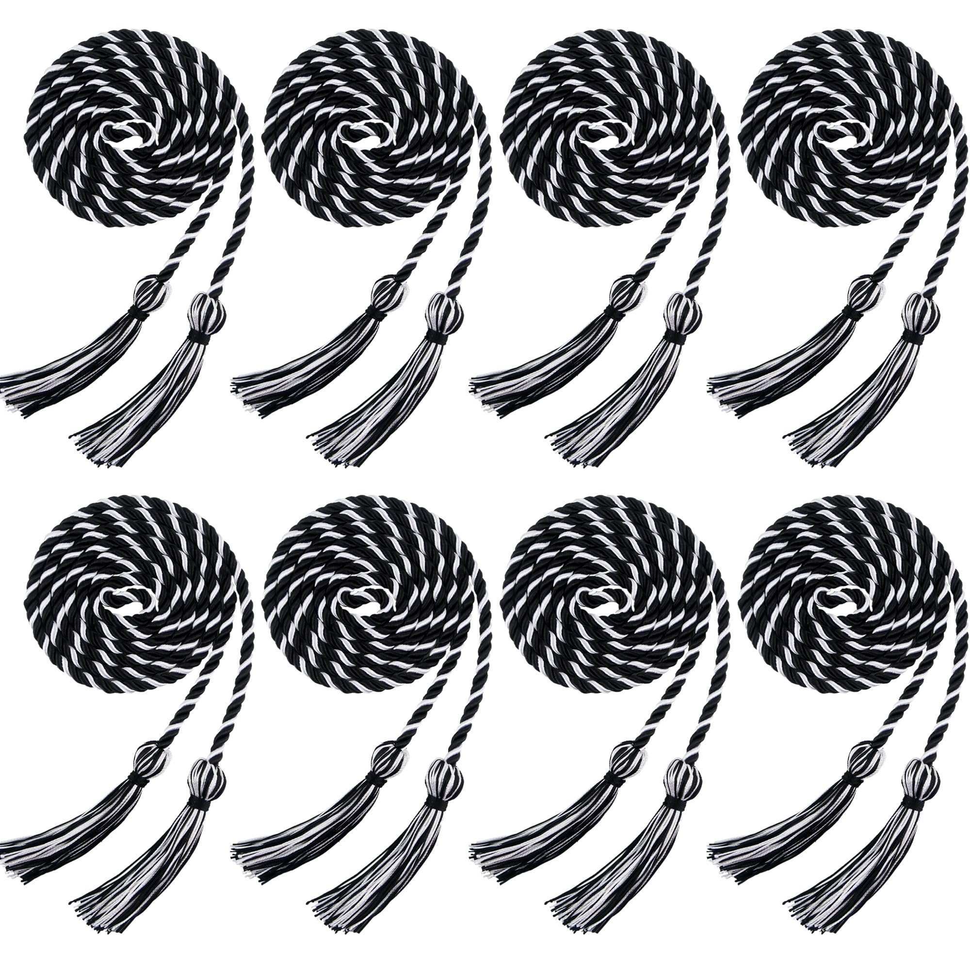 Trounistro 8 Pieces Graduation Cords Yarn Honor Cords with Tassel for College Graduation Students (Black with White)