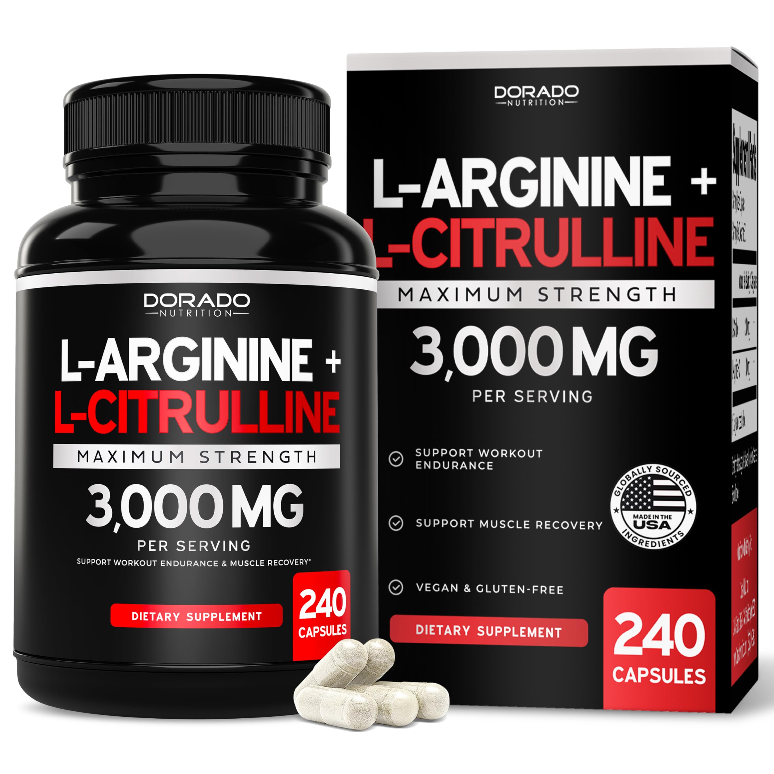 L Arginine L Citrulline Supplement 3000mg (240 Capsules) Nitric Oxide Pills for Men - Stamina, Endurance, Performance for Workouts - NO Supplements for Men - Gluten Free, Non-GMO, Vegan Capsules