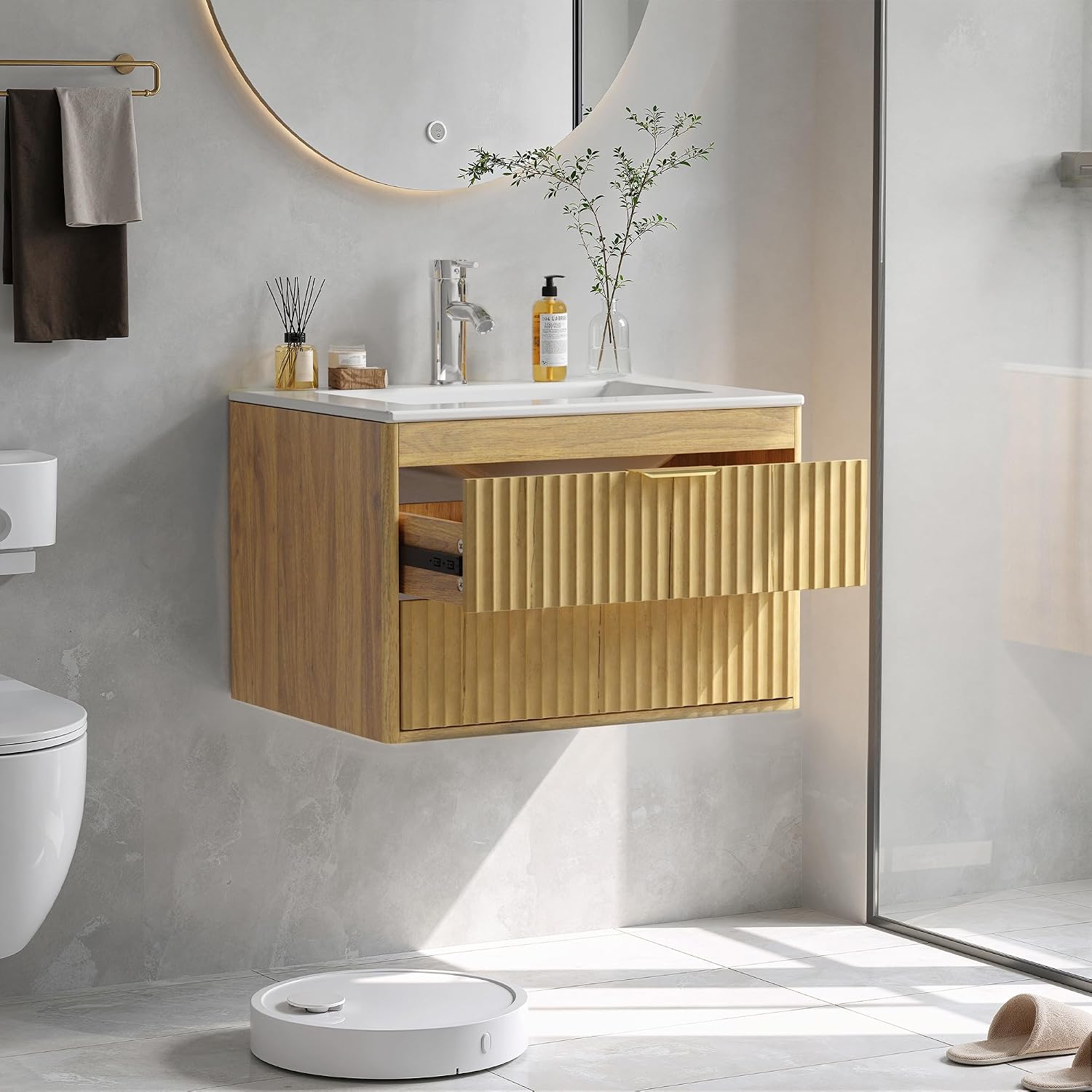 24 Inch Floating Bathroom Vanity with Sink, Bathroom Wall Cabinet with 2 Fluted Drawers & Metal Handle, Wall Mounted Cabinet for Bathrooms (Natual Yellow, 24 inch, with Sink)