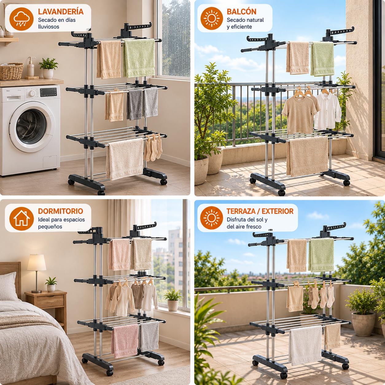 HOMEYA Tendedero Vertical Plegable con Ruedas, 4 Niveles y Ahorra Espacio
