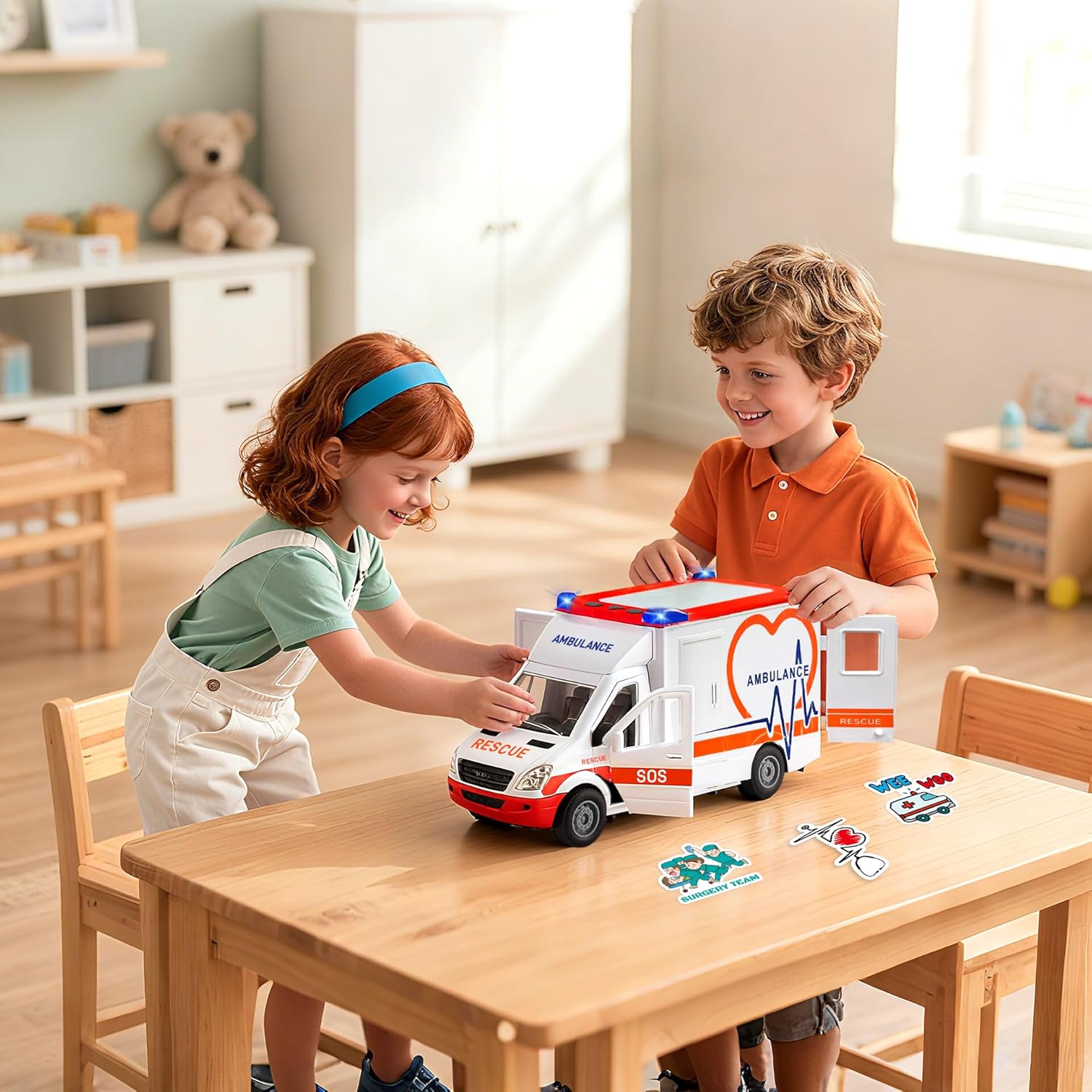 Ambulance Toy Playset for Kids – Complete Rescue Set with Truck, Doctor & Patient Figures, Stretcher, Educational Stickers, Lights & Siren for Role-Play and Imaginative Fun