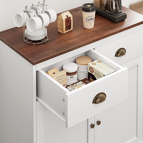 Miniatura 7 de GAOMON Gabinete de barra de café, gabinete de buffet moderno con 2 cajones y estante ajustable, gabinete de cocina de doble puerta, color blanco