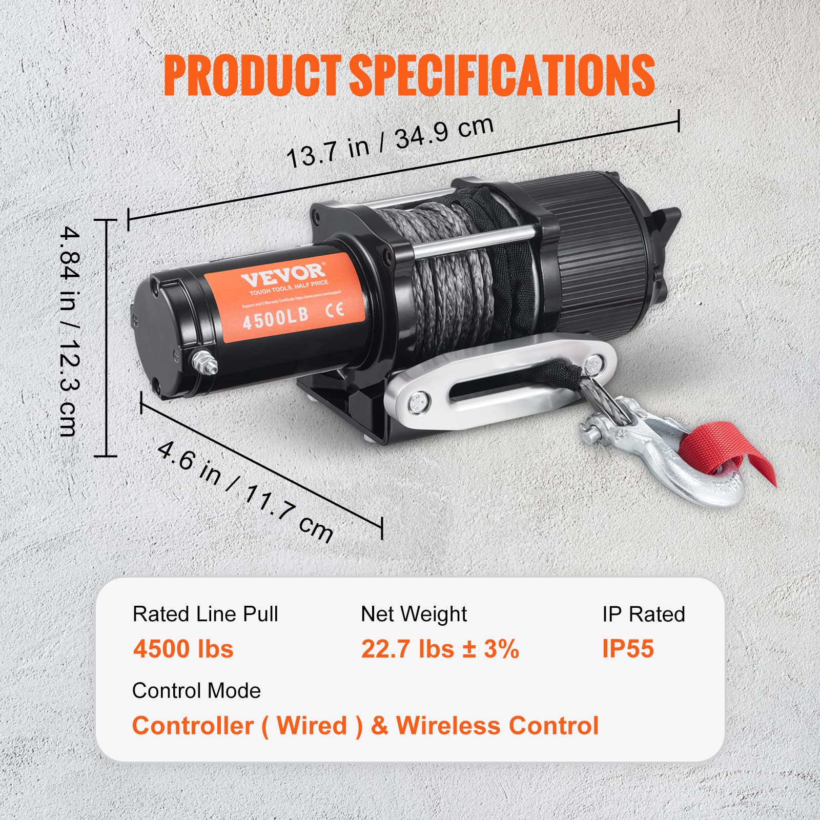 VEVOR Cabrestante Eléctrico 12V 4500 libras / 2041kg Cabrestante de Cable de Nylon 1,8 m Control Remoto de Mano IP55 con Cable de Control Remoto Negro Ideal para Medianas Grandes SUV Camiones Yates