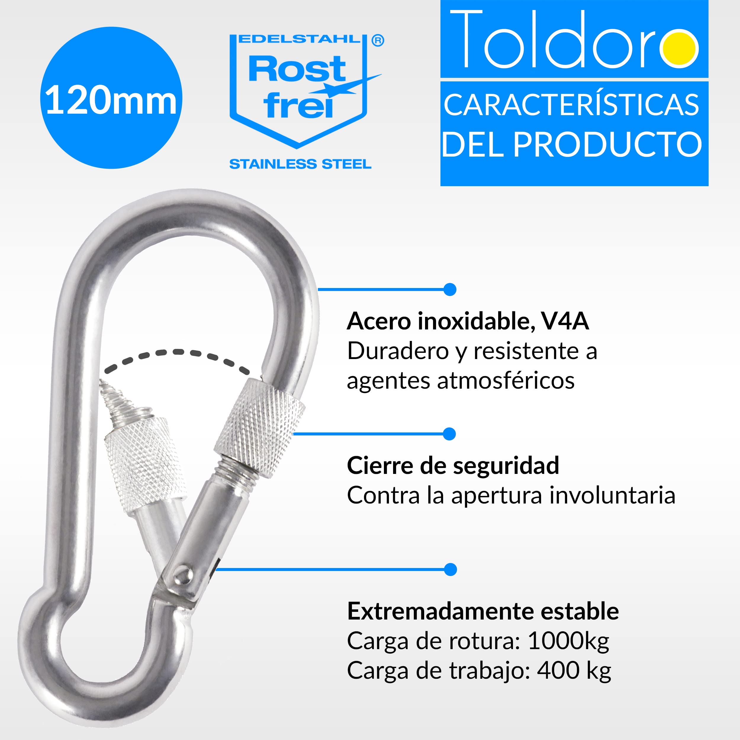 Toldoro Mosquetón de acero inoxidable con cierre de seguridad, mosquetón de 120 mm, mosquetón para fijación, mosquetón de acero inoxidable con cierre