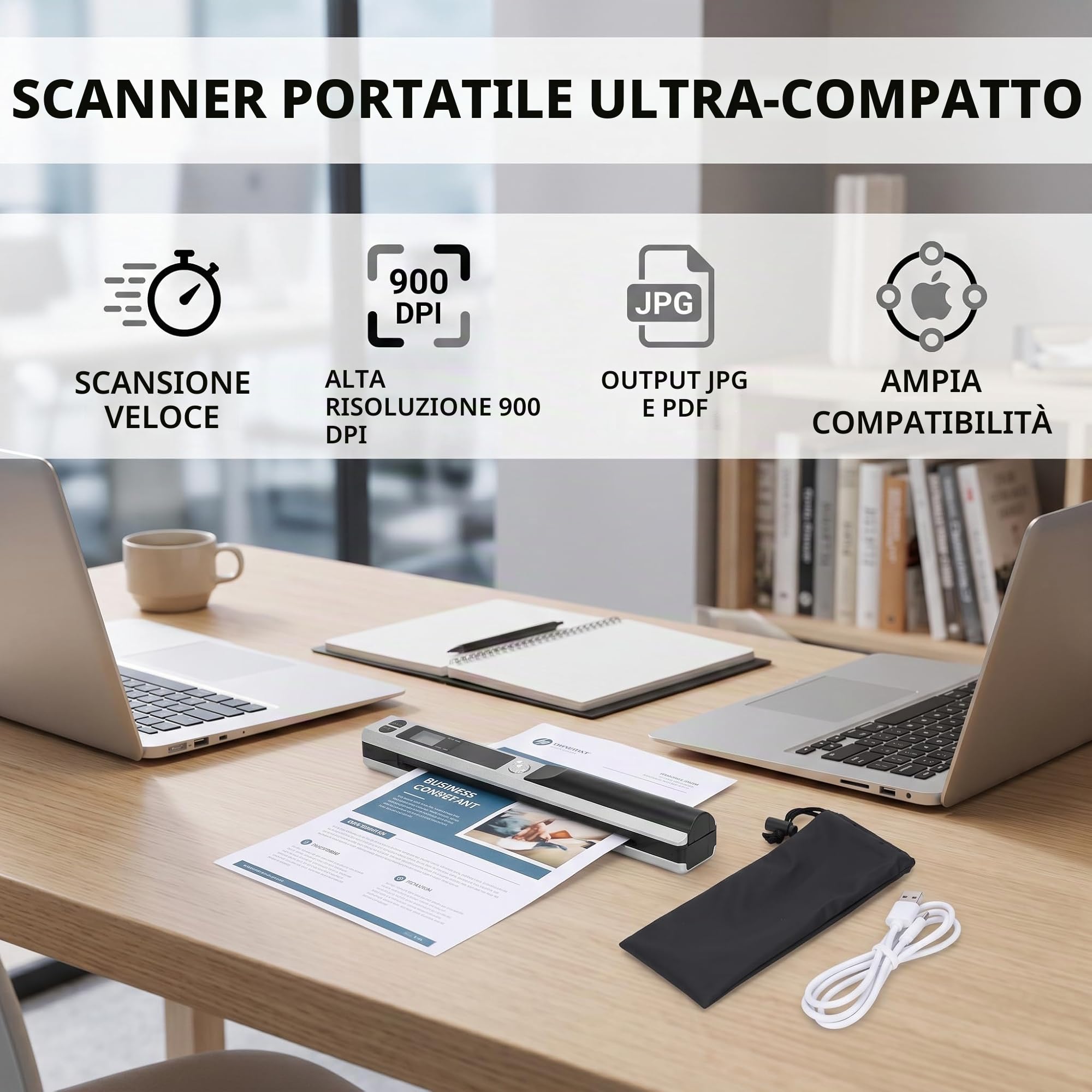 Scanner Portatile USB 2.0 Fino a 900DPI per Documenti A4 Foto Libri Ricevute Immagini in PDF e JPG Argento per Uso Aziendale