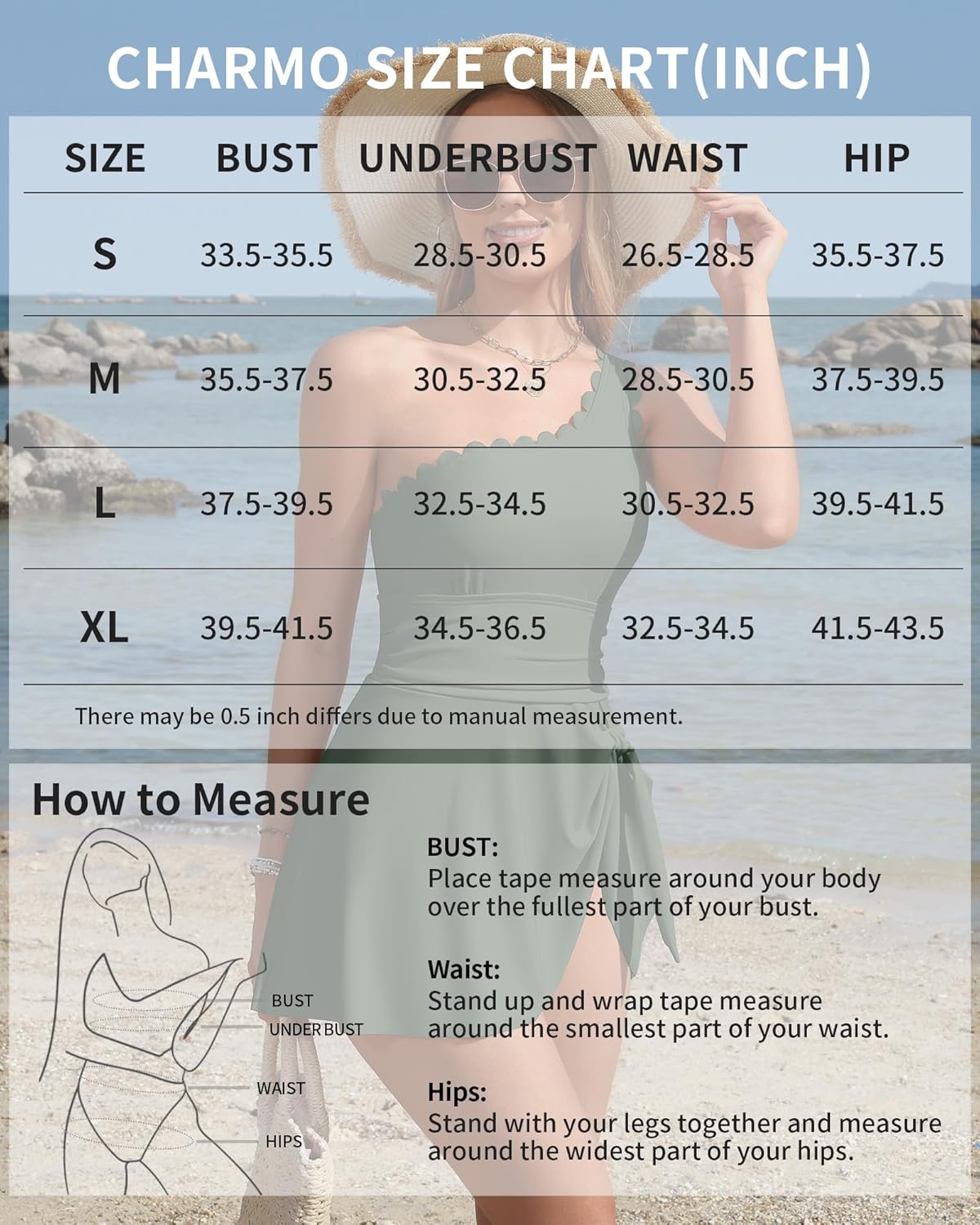 Charmo One Shoulder One Piece Swimsuit Women Tummy Control Bathing Suit with Skirt Tie Knot Cute Scalloped Swimdress - Image 6