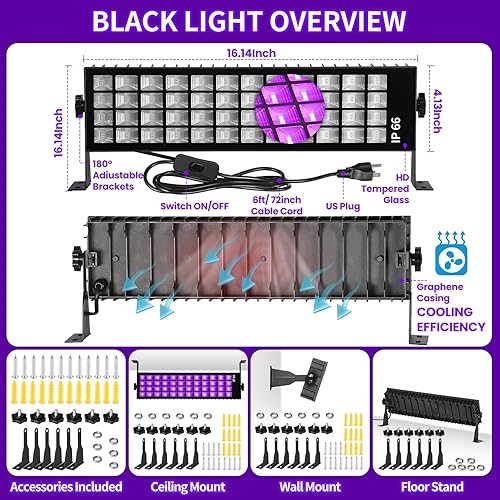 Miniatura 3 de Barra de luz negra de 120 W, luz negra IP66 con enchufe+interruptor+cable de 6 pies, luz negra impermeable con 100 LED, luz negra para fiesta