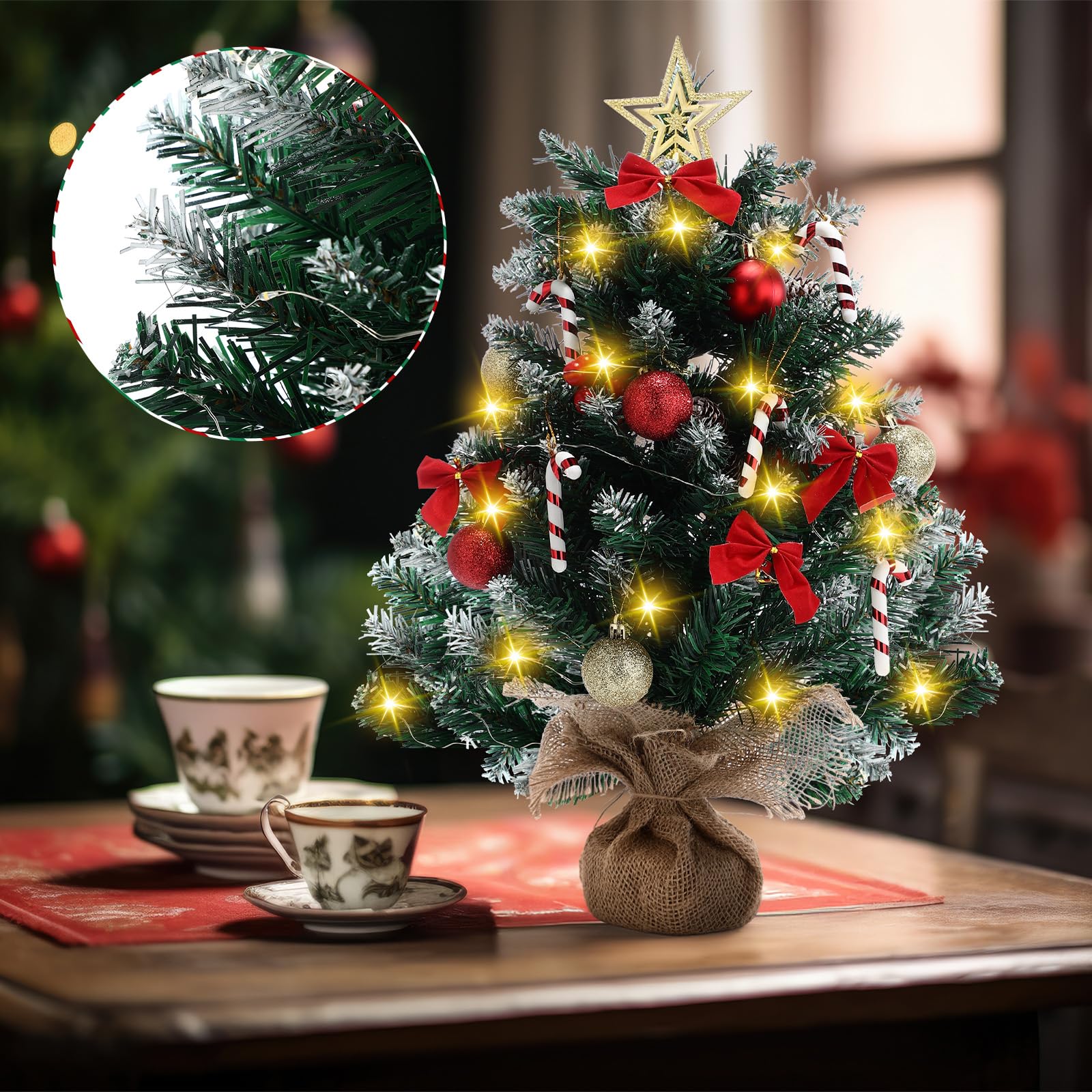 Soulchen Mini sapin de Noël artificiel de table avec lumière - 0,6 m - 61 cm - Mini sapin de Noël artificiel avec 30 lumières LED - Petit centre de table pour décoration d'intérieur et de vacances