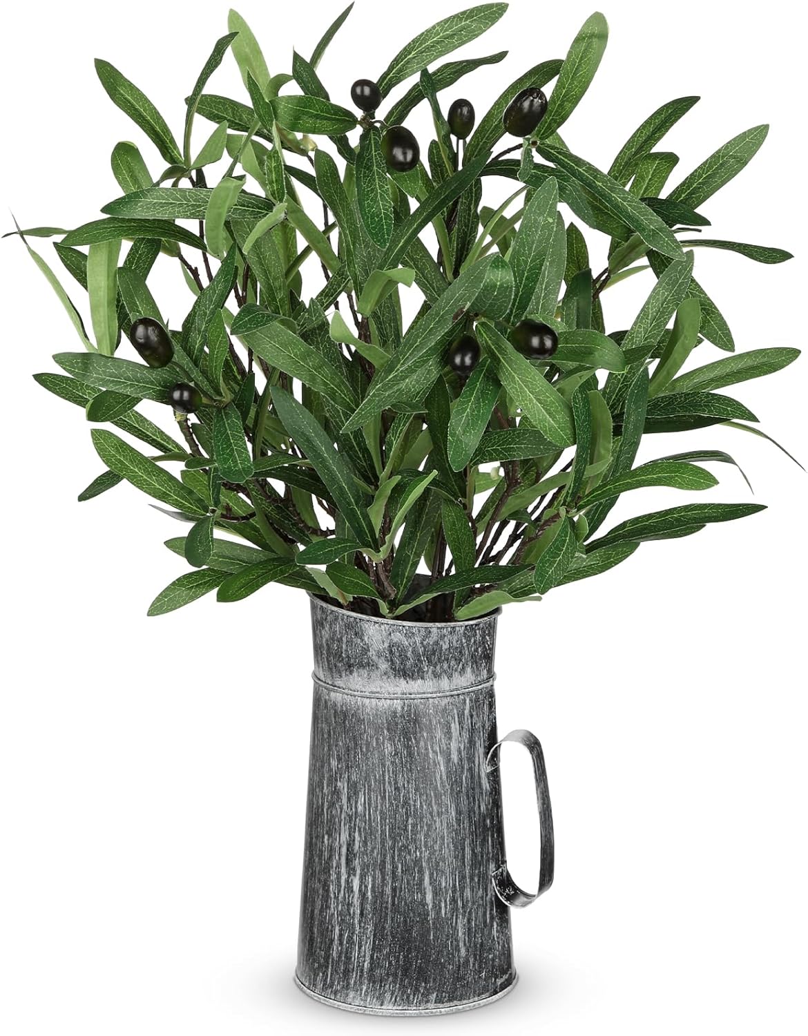 Briful Artificial Olive Branches in Rustic Metal Vase 18.5in Realistic Faux Olive Greenery Stems Fake Potted Plant for Home Office Room Kitchen Table Centerpiece Farmhouse Decor