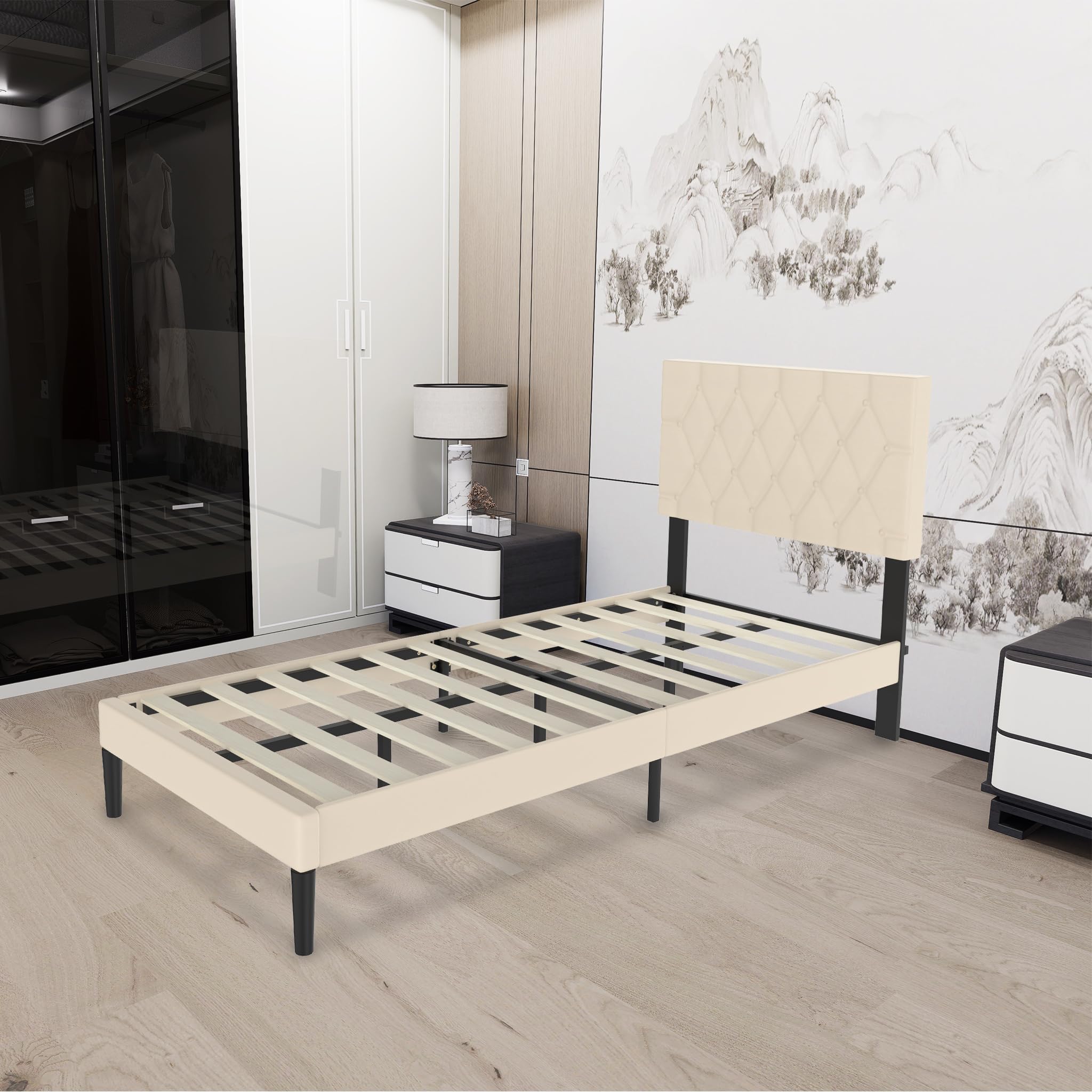 Froadp Cama tapizada de 90 x 200 cm – Marco de cama doble con soporte de listones de madera de piel sintética, cabecero tapizado con botones, marco de cama para dormitorio, diseño moderno (beige)