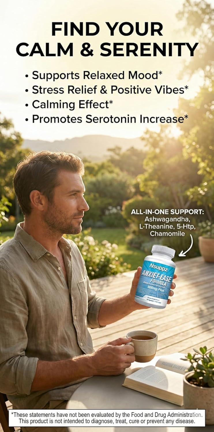 Natural Mood & Serotonin Support - Nutrisuppz Anxiet-Ease Formula with Ashwagandha, L-Theanine, GABA, 5-HTP, Magnesium - 60 Capsules