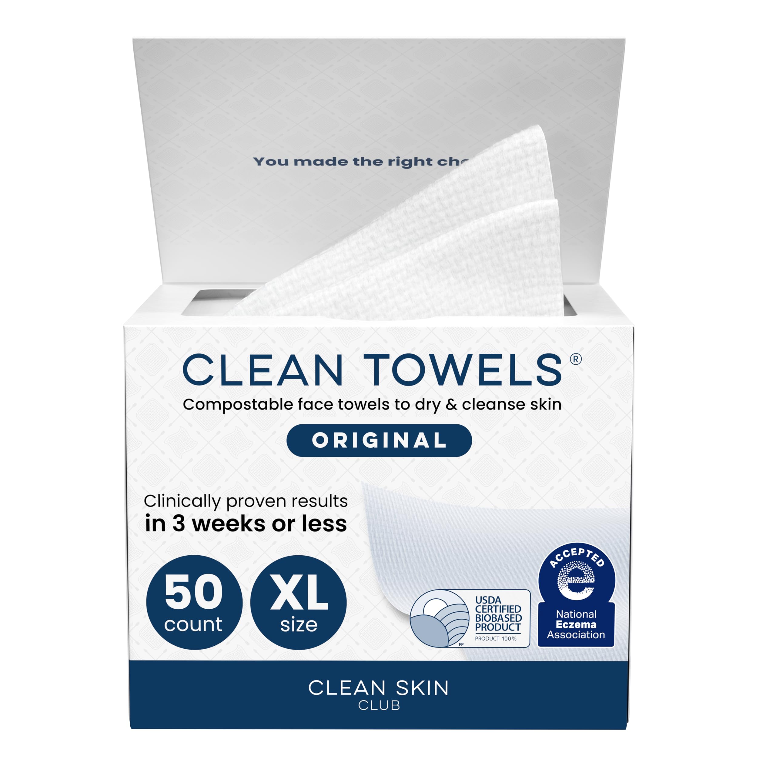 Clean Skin Club Clean Towels XL®, 100% USDA Biobased Face Towel, Disposable Face Towelette, Eczema Association Accepted, Makeup Remover Dry Wipes, Ultra Soft, 1 Pack, 50 Ct