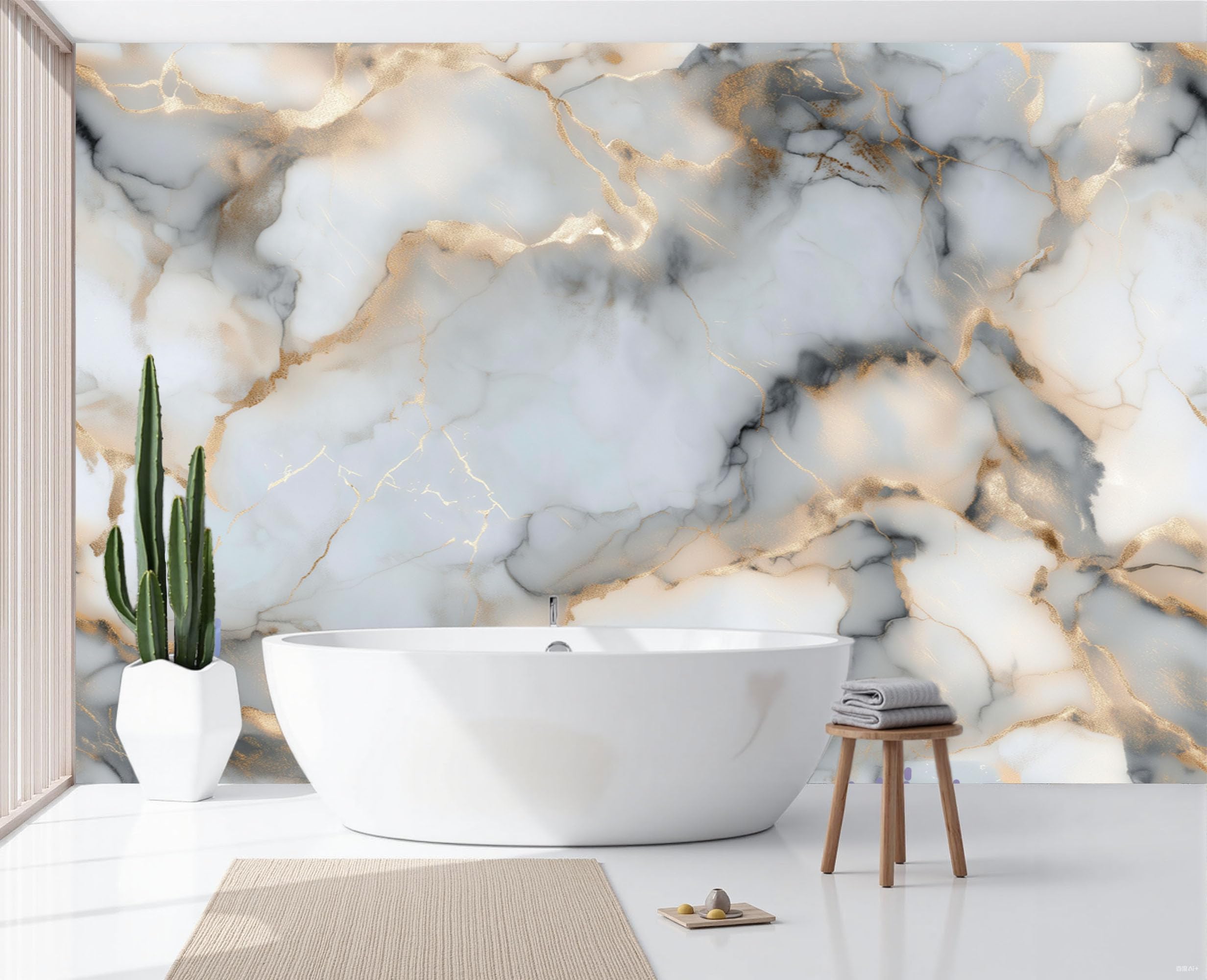 Carta Da Parati Fotomurale Xxl Elegante Marmo Screpolato 200X140Cm, Poster Murale Fotografica 3D In Tessuto Non Tessuto Onde Di Marmo Di Lusso Di Grande Per Tv Corridoio Soggiorno, Bianco Oro